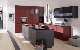 Einbauküche Esilia/Rosian, rostrot/Beton Terragrau-Nachbildung, inkl. Elektrogeräte