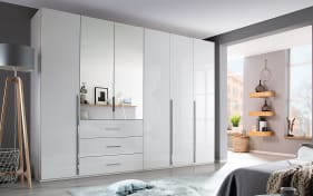 Drehtürenkleiderschrank Montclar, Hochglanz weiß, 300 x 223 cm, inkl. 2 Spiegeltüren und 3 Schubkästen