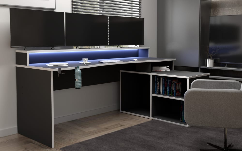 hardi Eck-Gaming-Schreibtisch Tezaur, schwarz/weiß grau Kunststoff, MDF