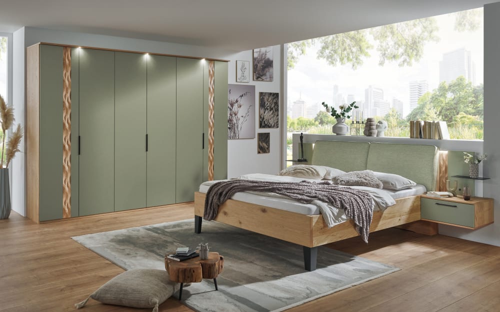 Disselkamp Schlafzimmer Callao, Balkeneiche-Nachbildung/grün Lack, Stoff, Holzfurnier, Massivholz