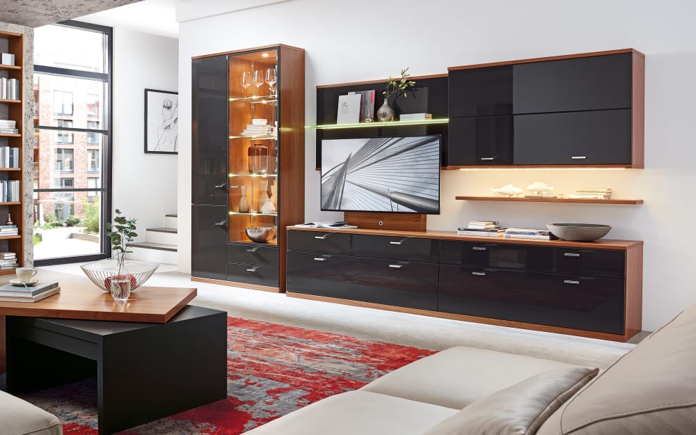 Mondo Wohnwand Alicante 1017, Nussbaum Nachbildung/graphit Lack, Chrom, Holz