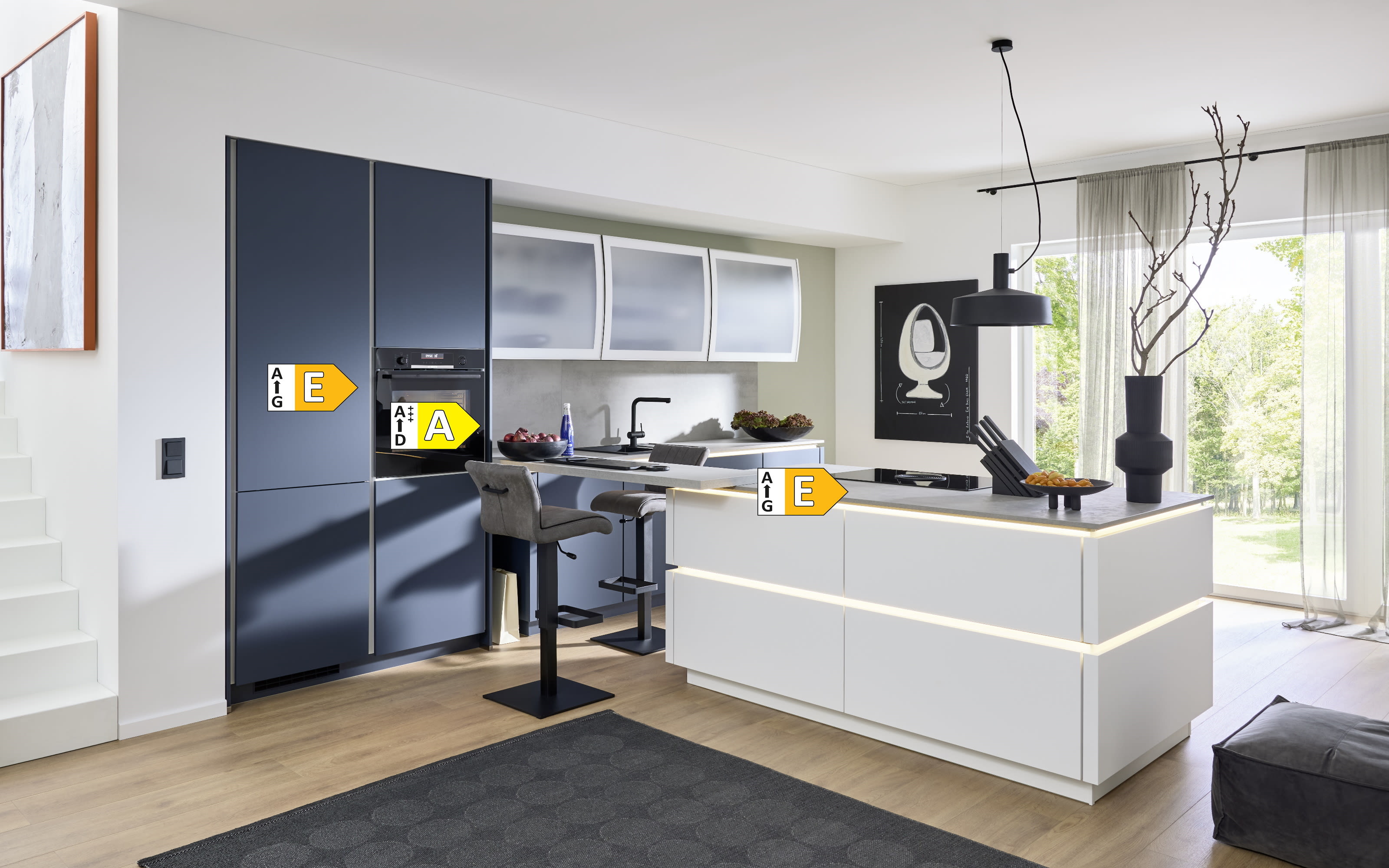 Einbauküche Esilia, weiß matt/fjordblau, inkl. Siemens Elektrogeräte