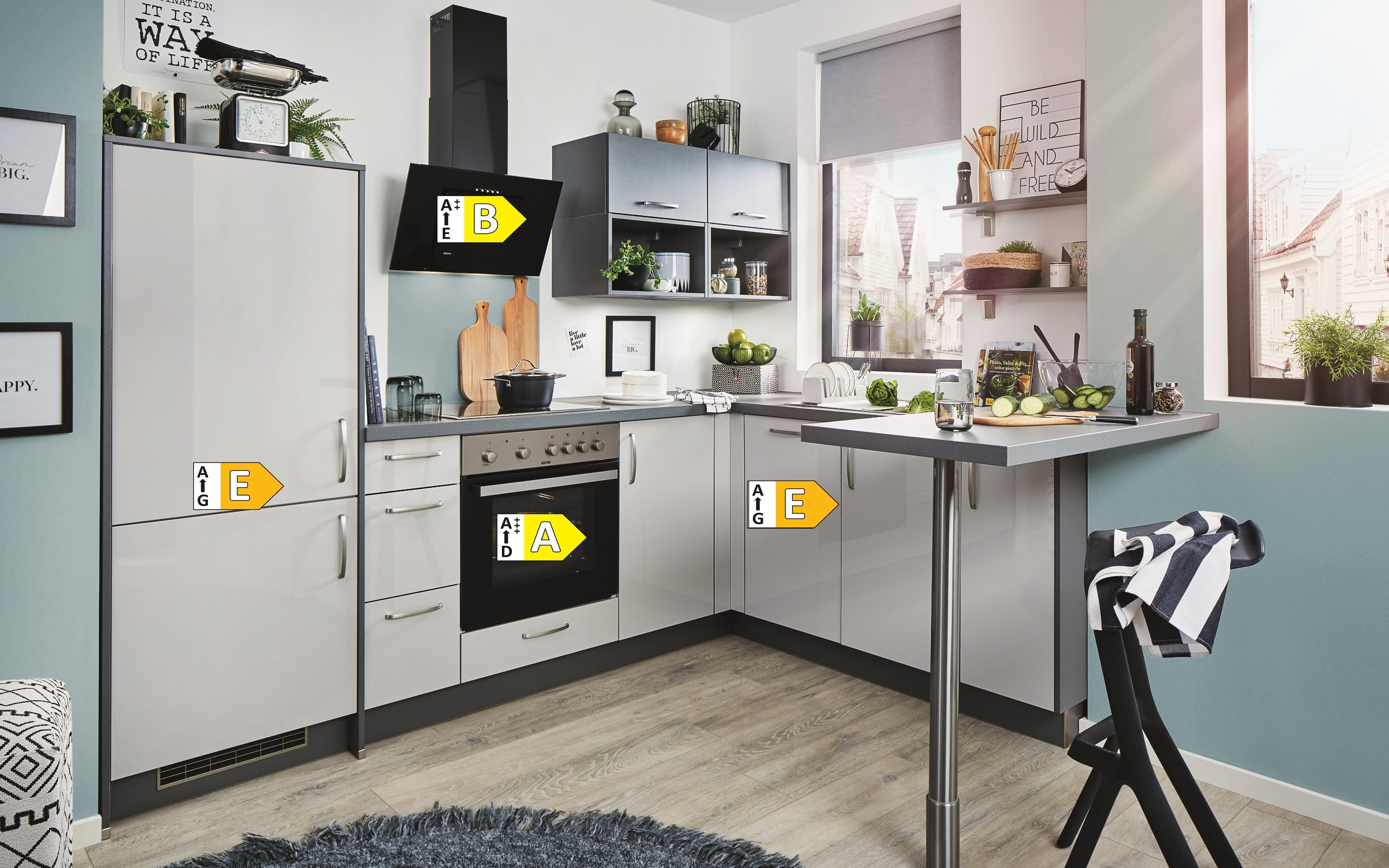 Einbauküche Stana, hellgrau, inkl. Elektrogeräte