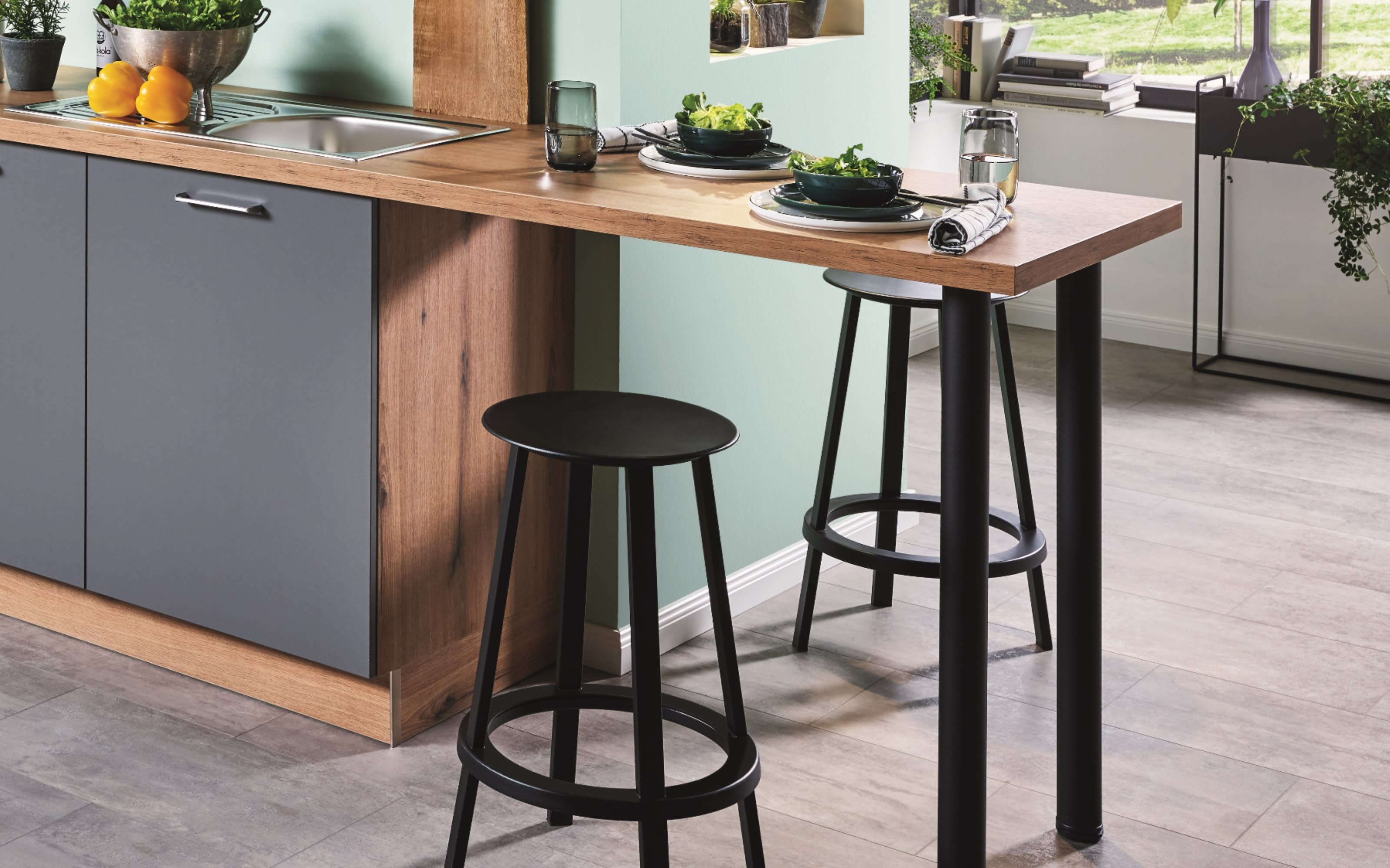 Einbauküche Wida/Plamos, anthrazit/Wildeiche Nachbildung, inkl. Elektrogeräte