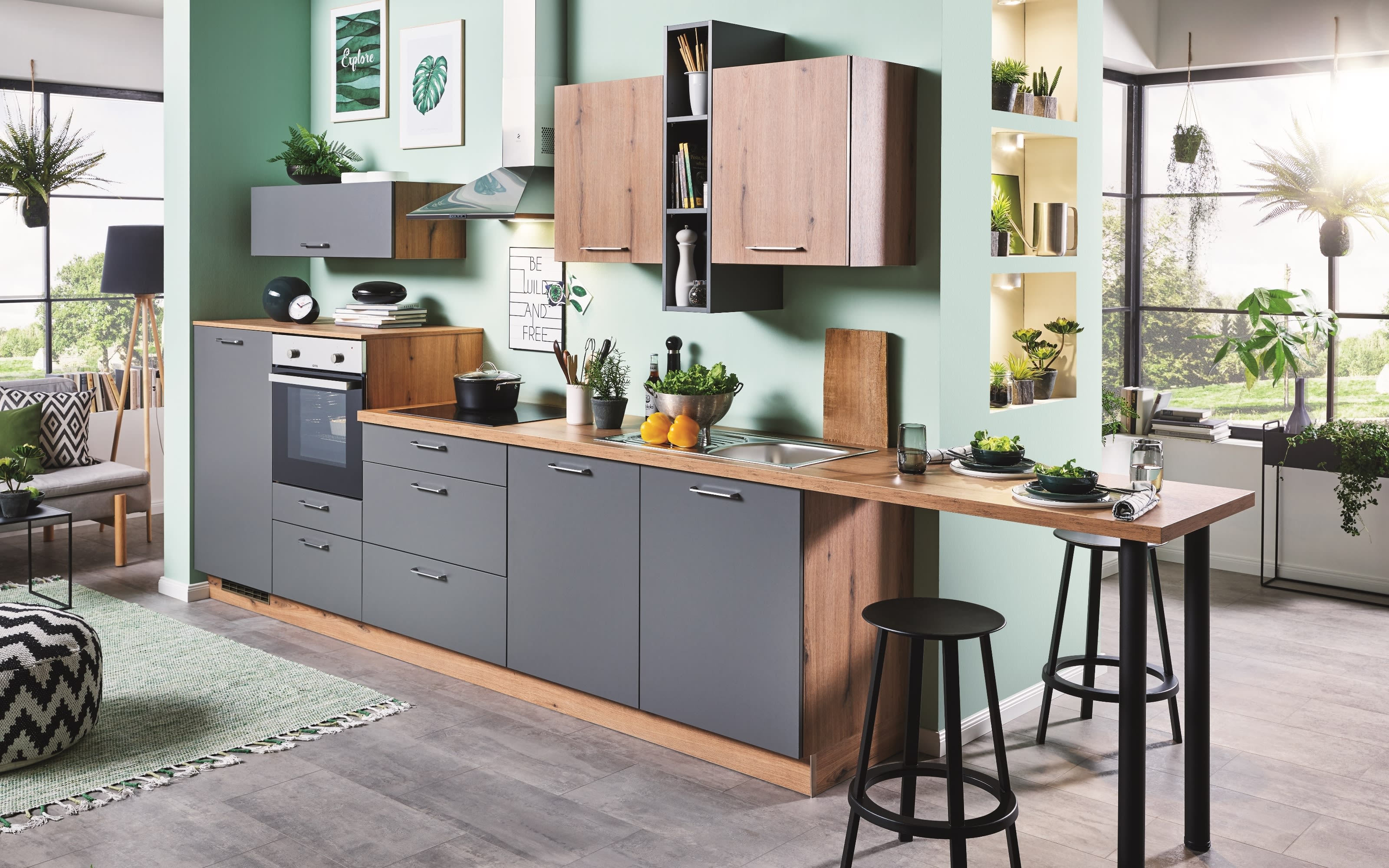 Einbauküche Wida/Plamos, anthrazit/Wildeiche Nachbildung, inkl. Elektrogeräte