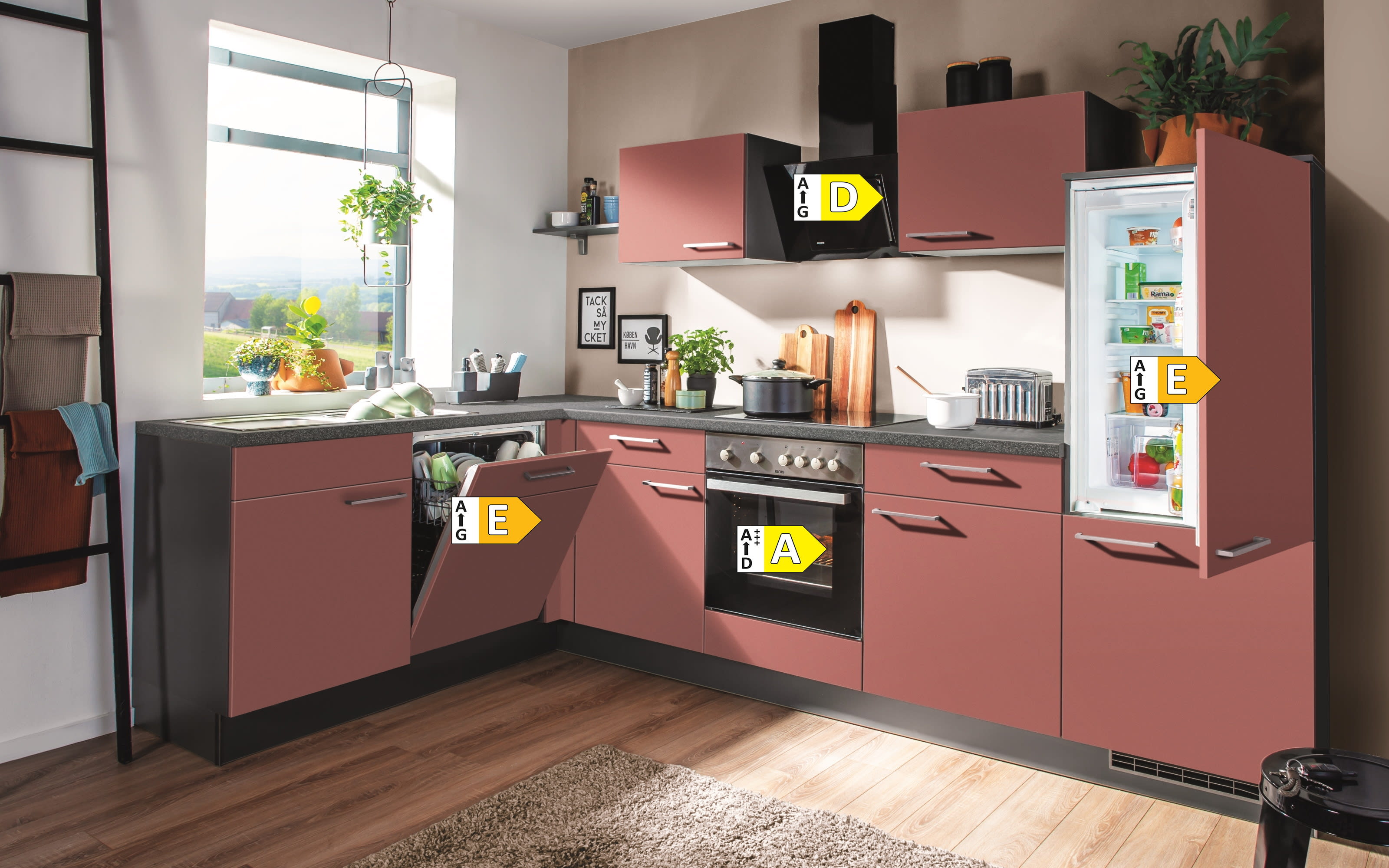 Einbauküche Wida, kaminrot, inkl. Elektrogeräte