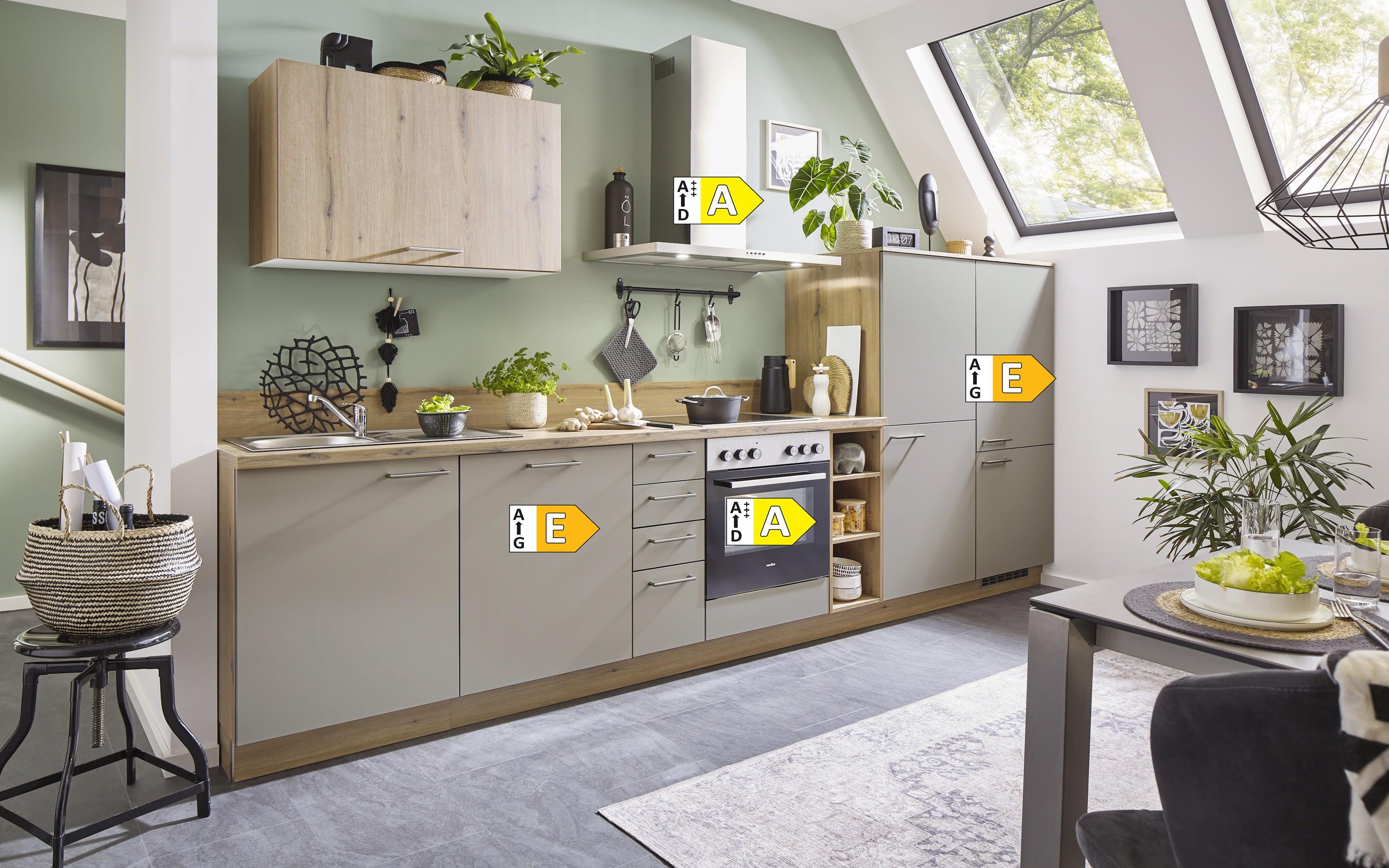 Einbauküche Clare/Plamos, creme/astig Eiche Nachbildung, inkl. Elektrogeräte