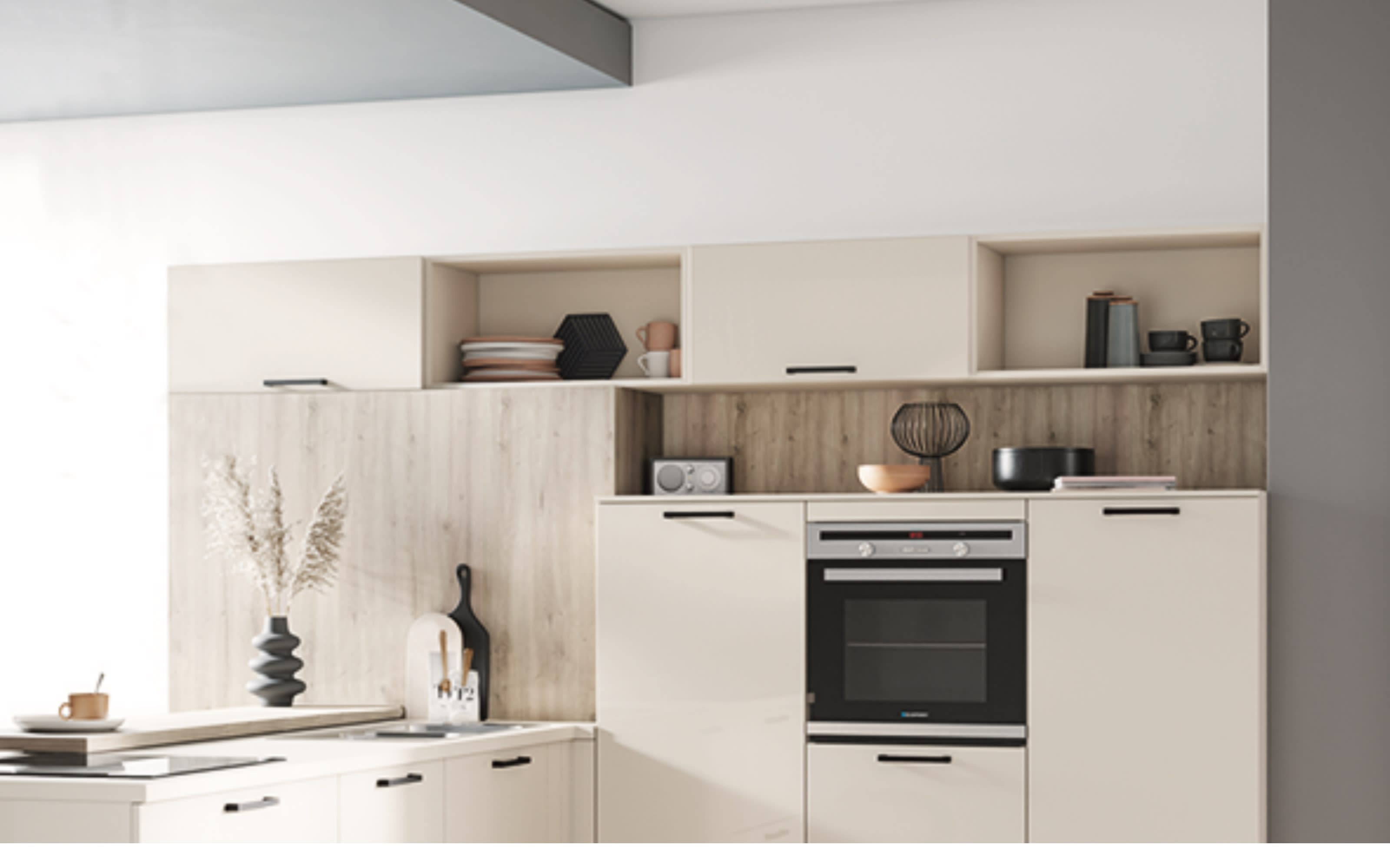 Einbauküche Perfect brillant, crema magnolia, inkl. Miele Elektrogeräte