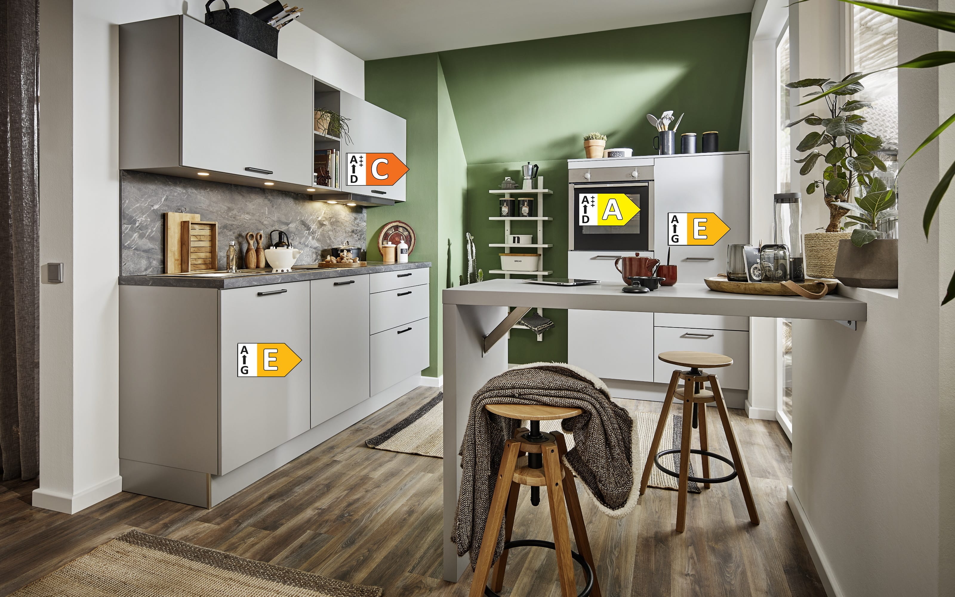 Einbauküche Uno, perlgrau, inkl. AEG Elektrogeräte