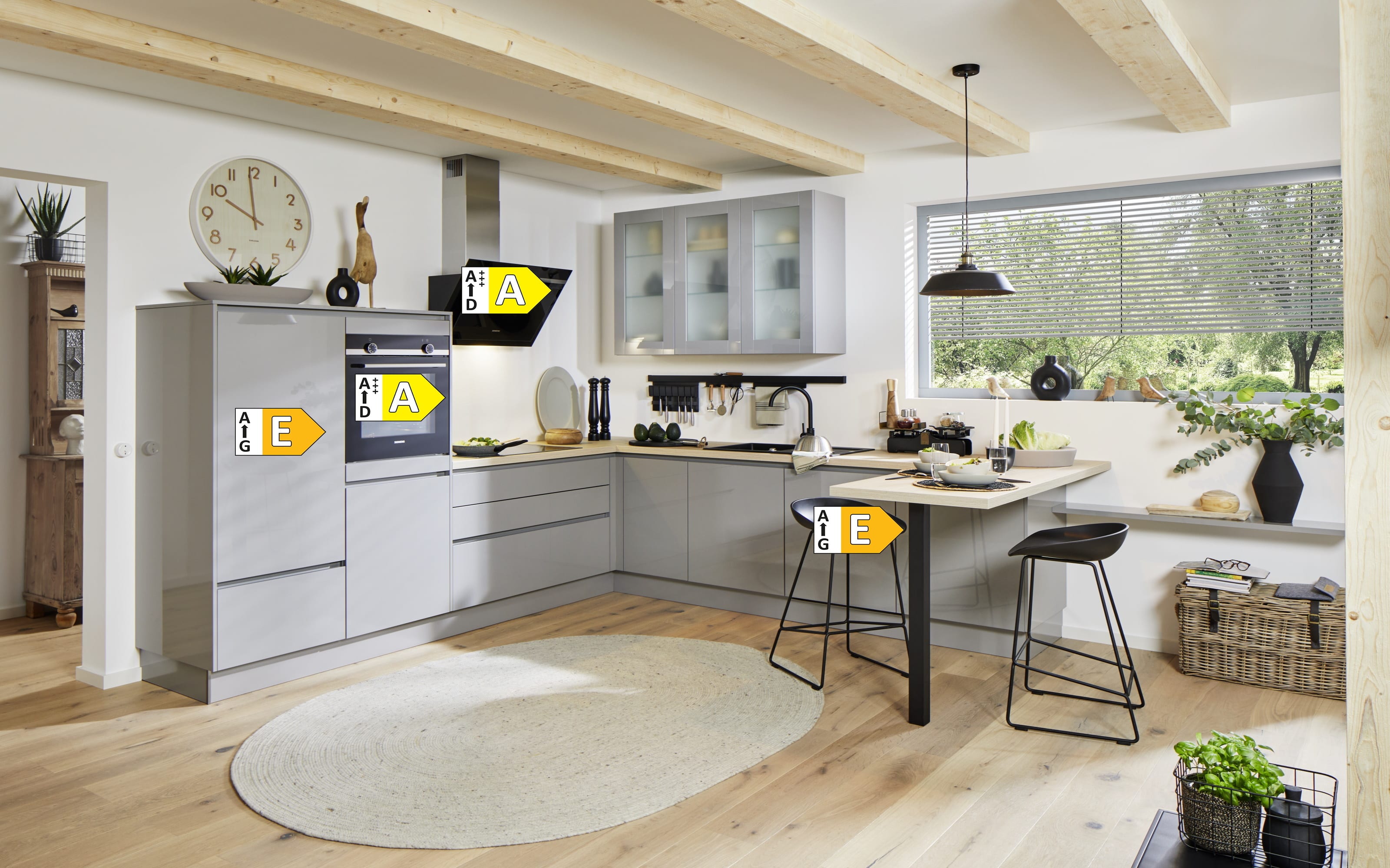 Einbauküche Perfect brillant, perlgrau, inkl. AEG Elektrogeräte