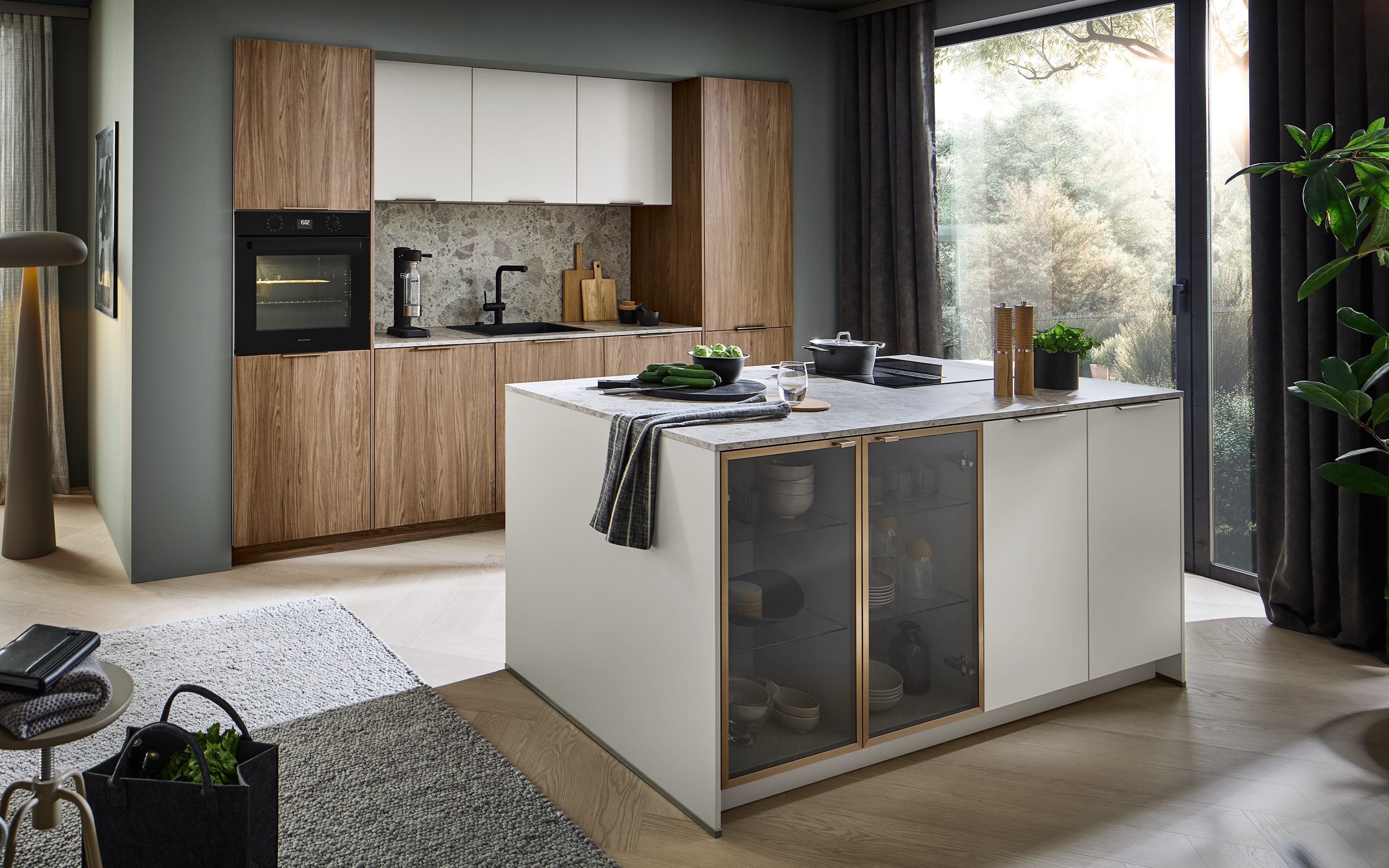 Einbauküche Toronto/Perfect Soft, Ulme/Mocca, inkl. AEG Elektrogeräte