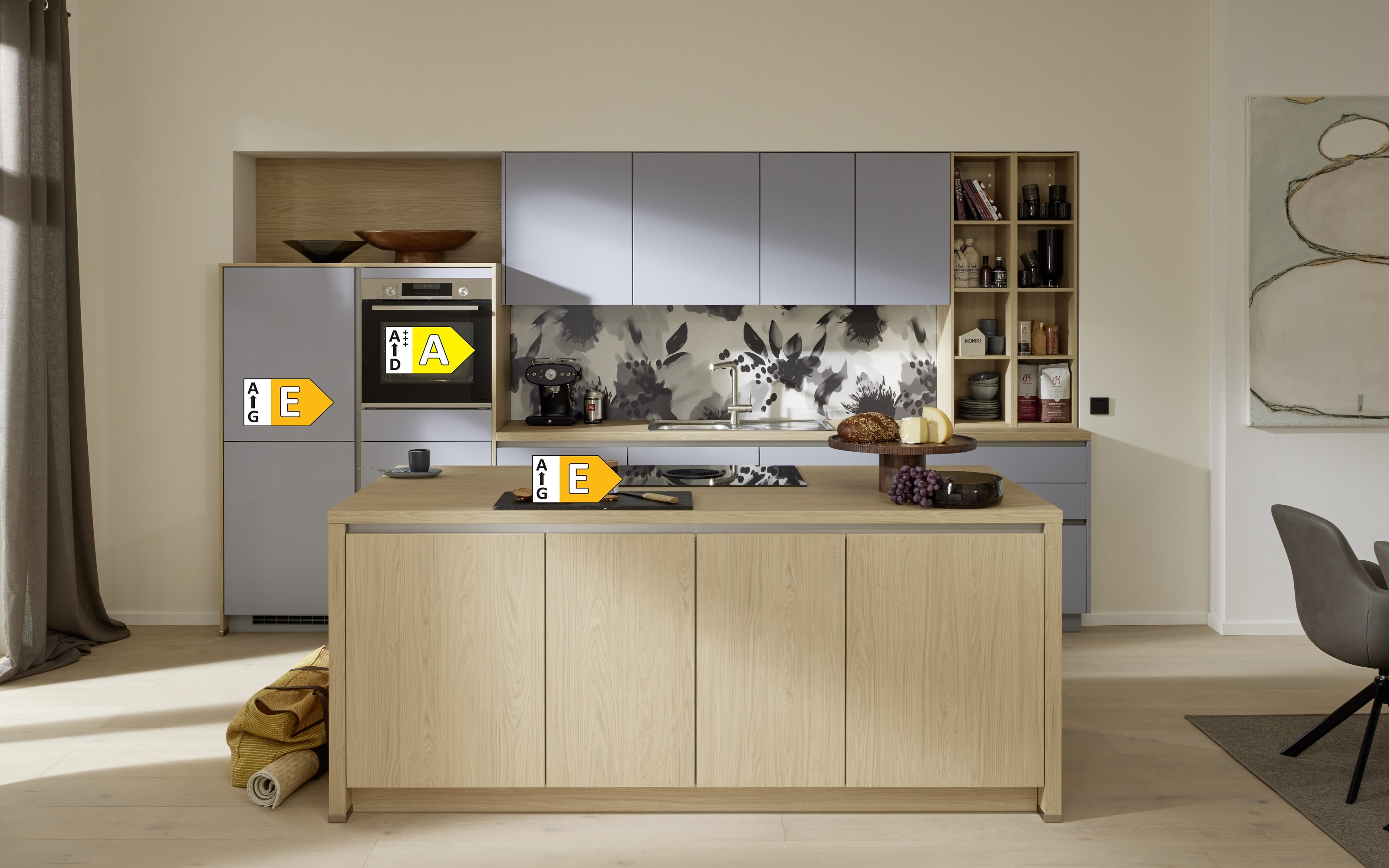 Einbauküche Sunta/Stadum, Eiche Como Nachbildung/sky, inkl. Siemens Elektrogeräte