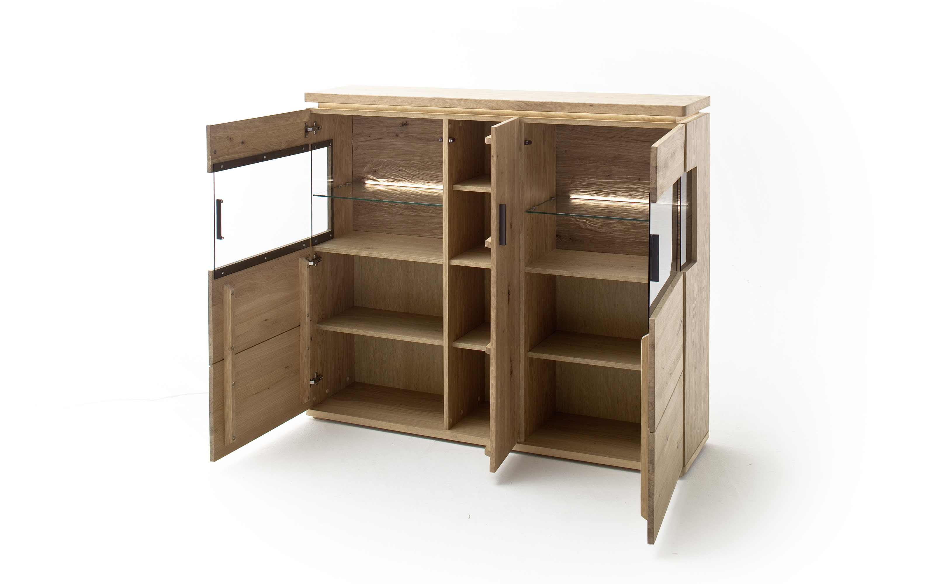 bei Balkeneiche kaufen / inkl. Hardeck Eiche furniert, Highboard Barcelona, online massiv Bianco Oberboden-Beleuchtung