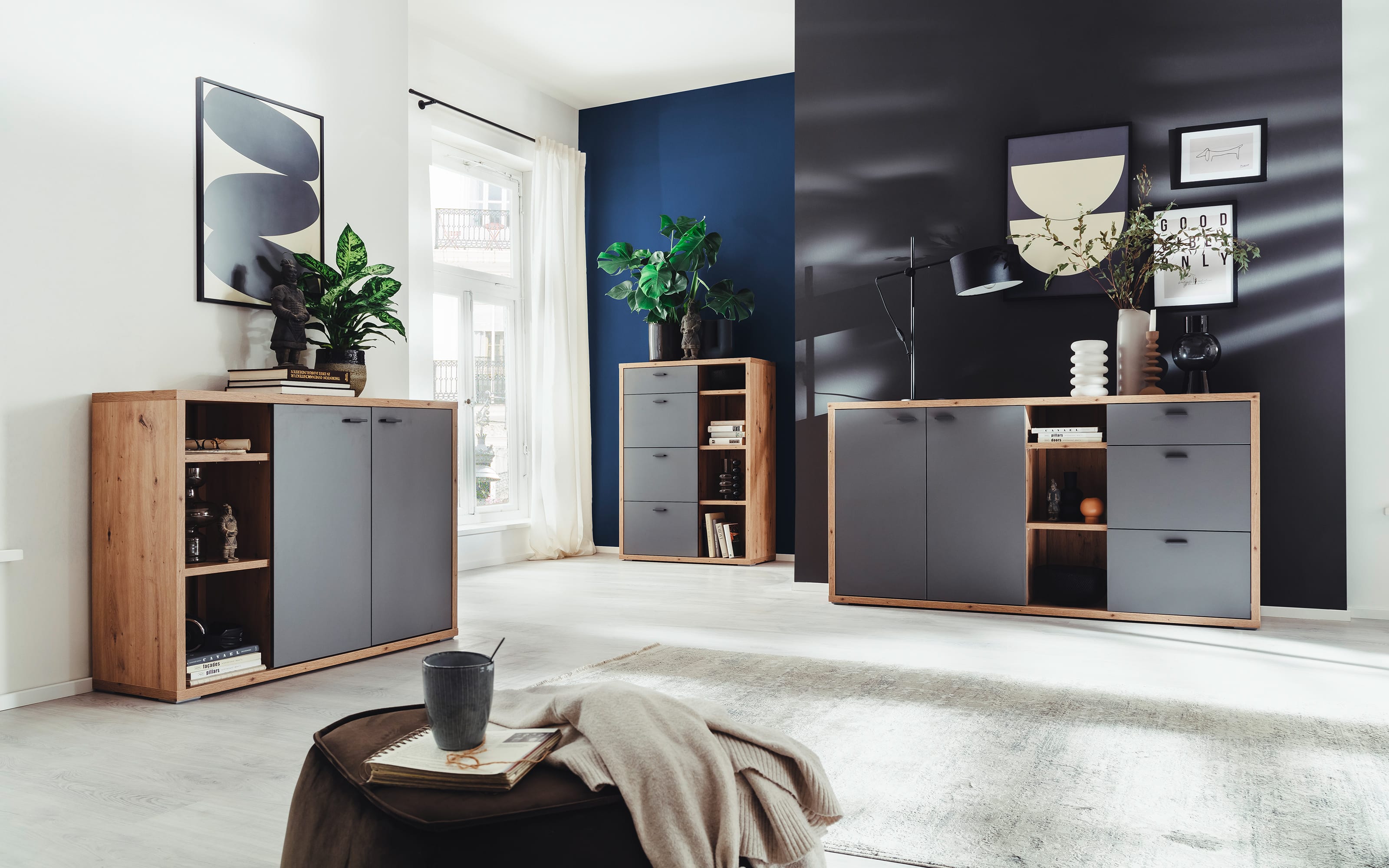 Sideboard Lizzano, grau/Balkeneiche-Nachbildung