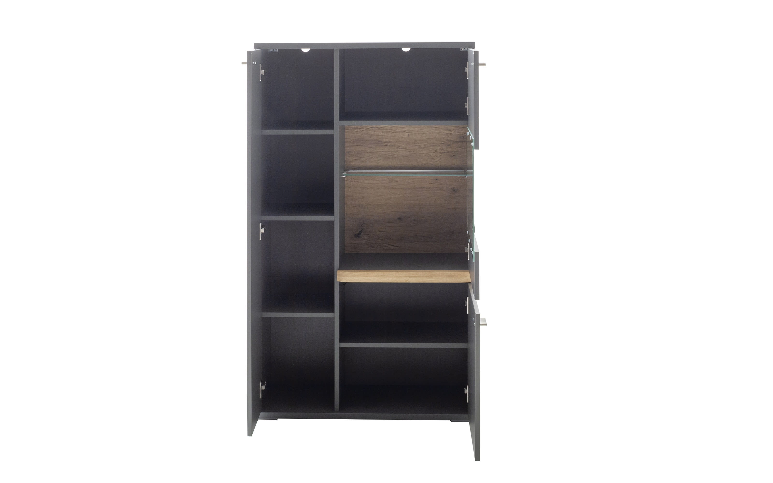 Highboard Marsalla, Balkeneiche massiv geölt, Royal grey, inkl. Front LED-Beleuchtung