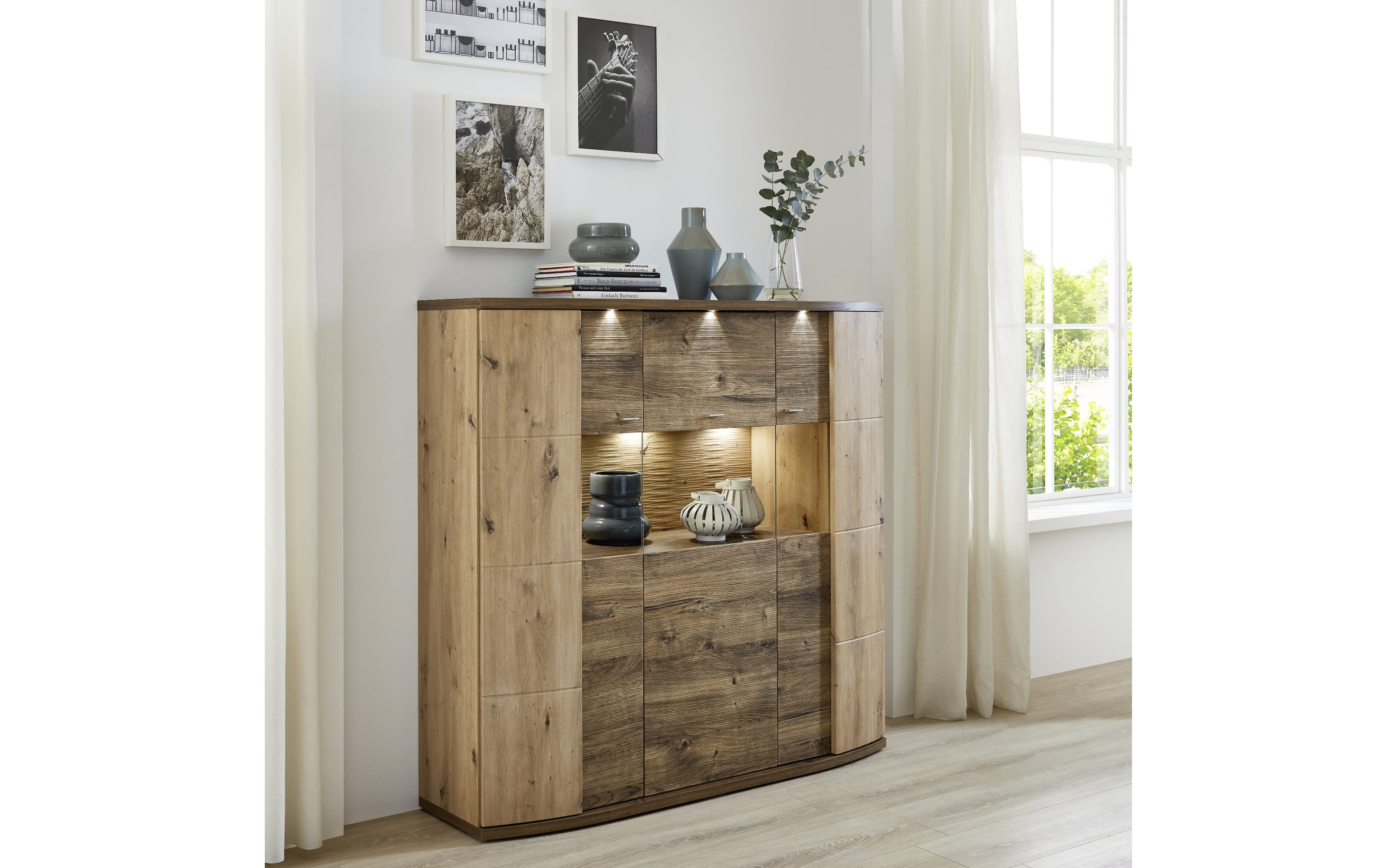 Highboard Cabana, Eiche Artisan, Eiche Ribbeck cognac Nachbildung, inkl. Korpusfrontbeleuchtung