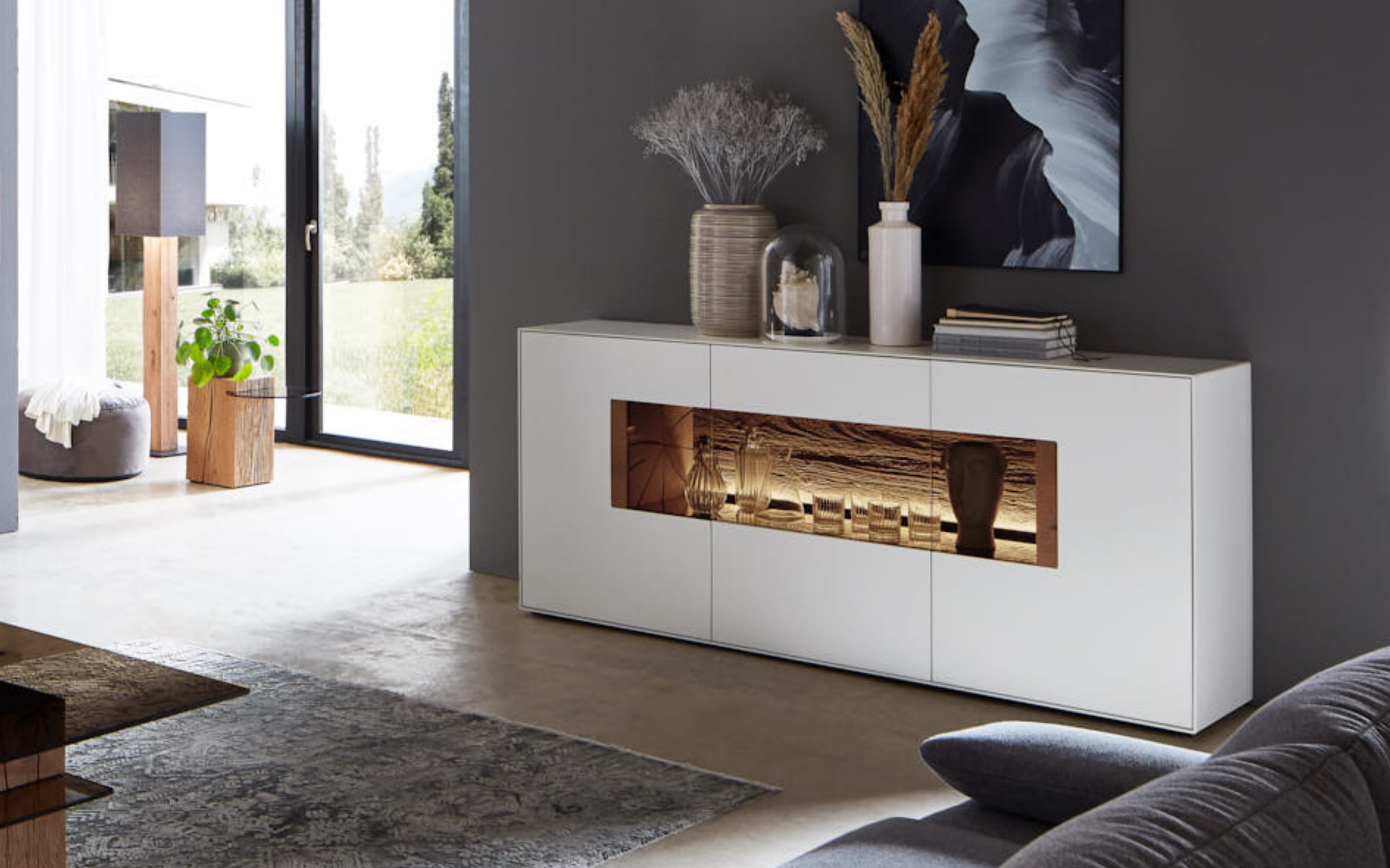 Sideboard Benjo, Kerneiche Umato, weiß lackiert