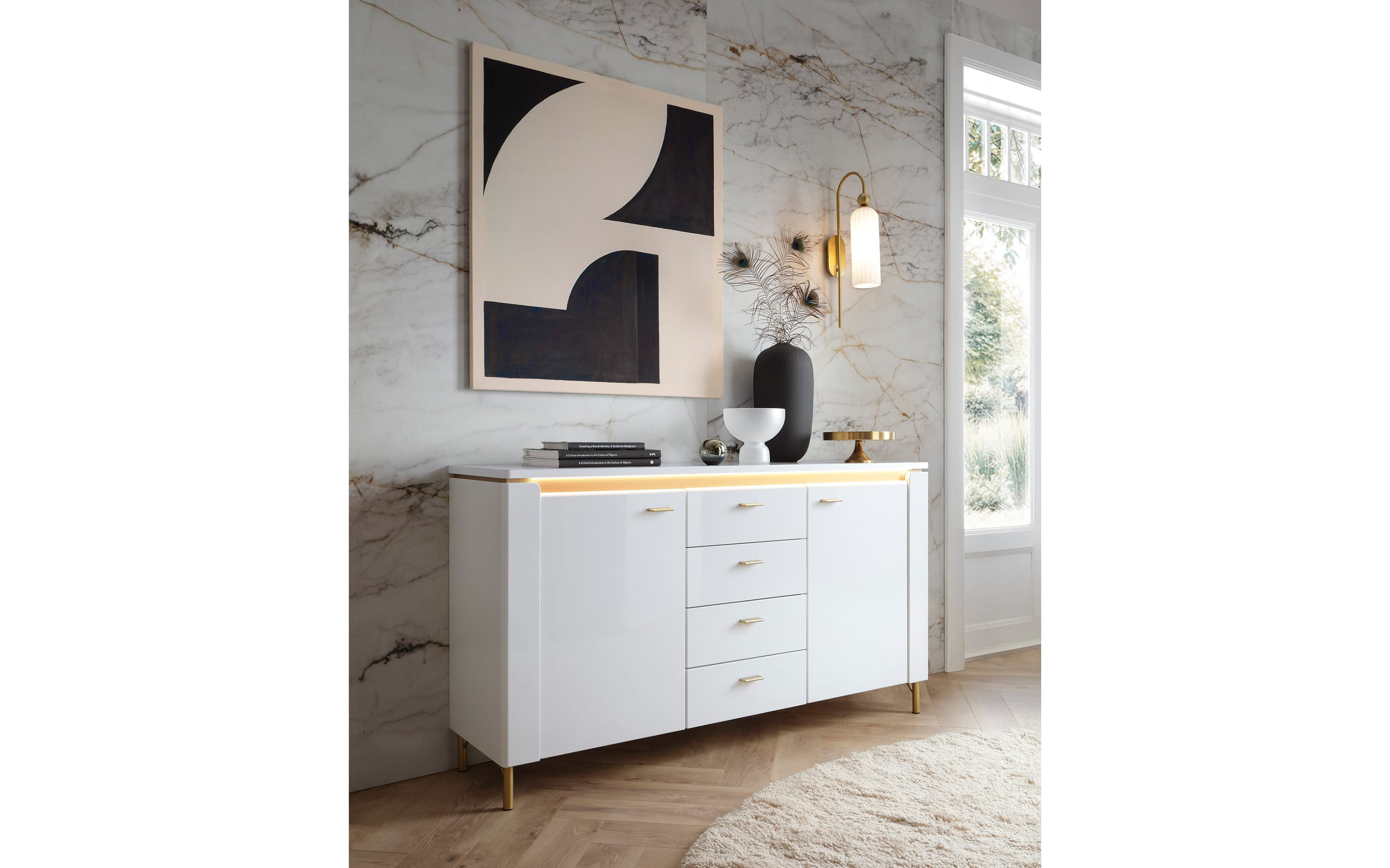 Sideboard Lazio, weiß/gold,155 cm, inkl. Beleuchtung