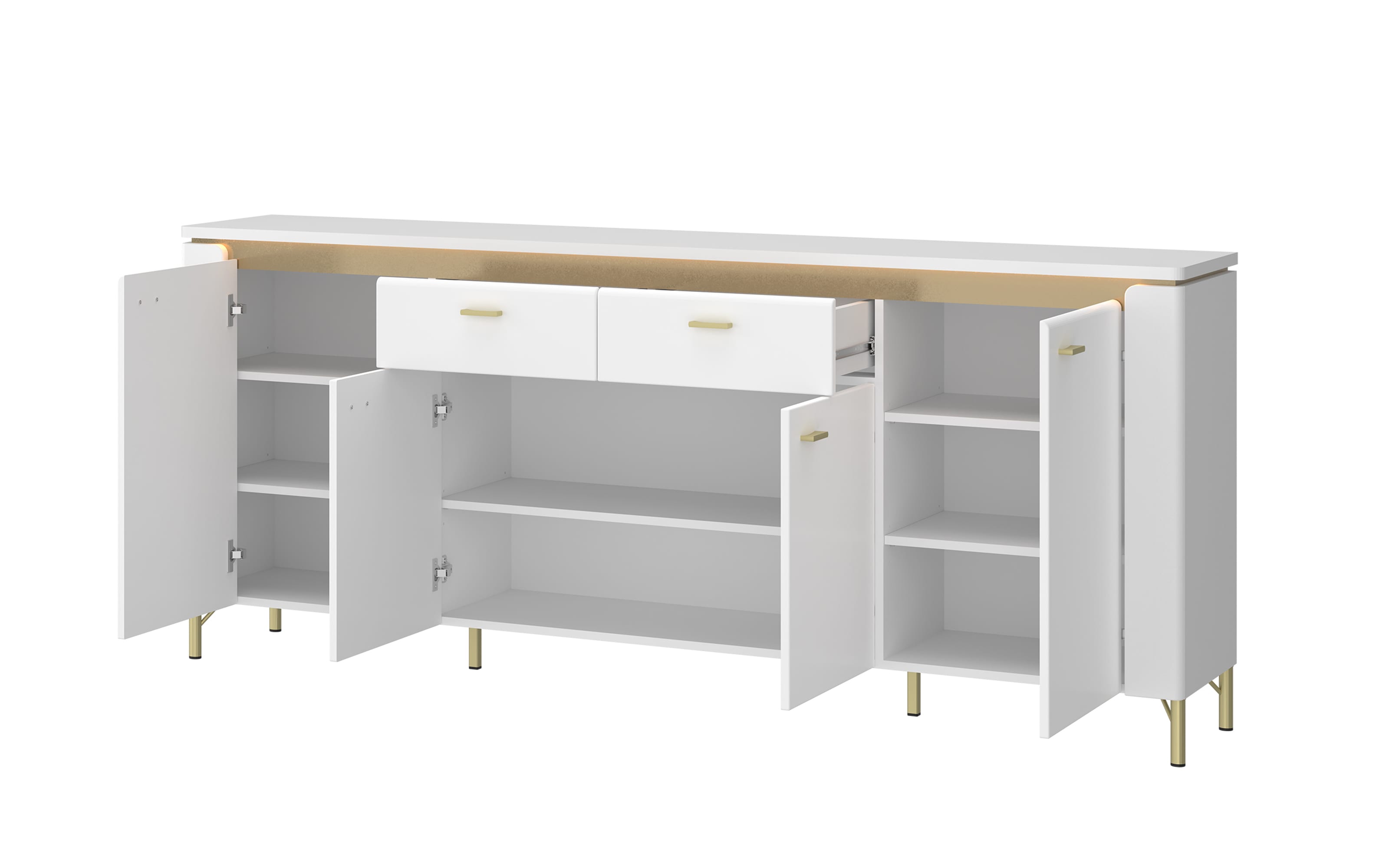 Sideboard Lazio, weiß/gold, 200 cm, inkl. Beleuchtung