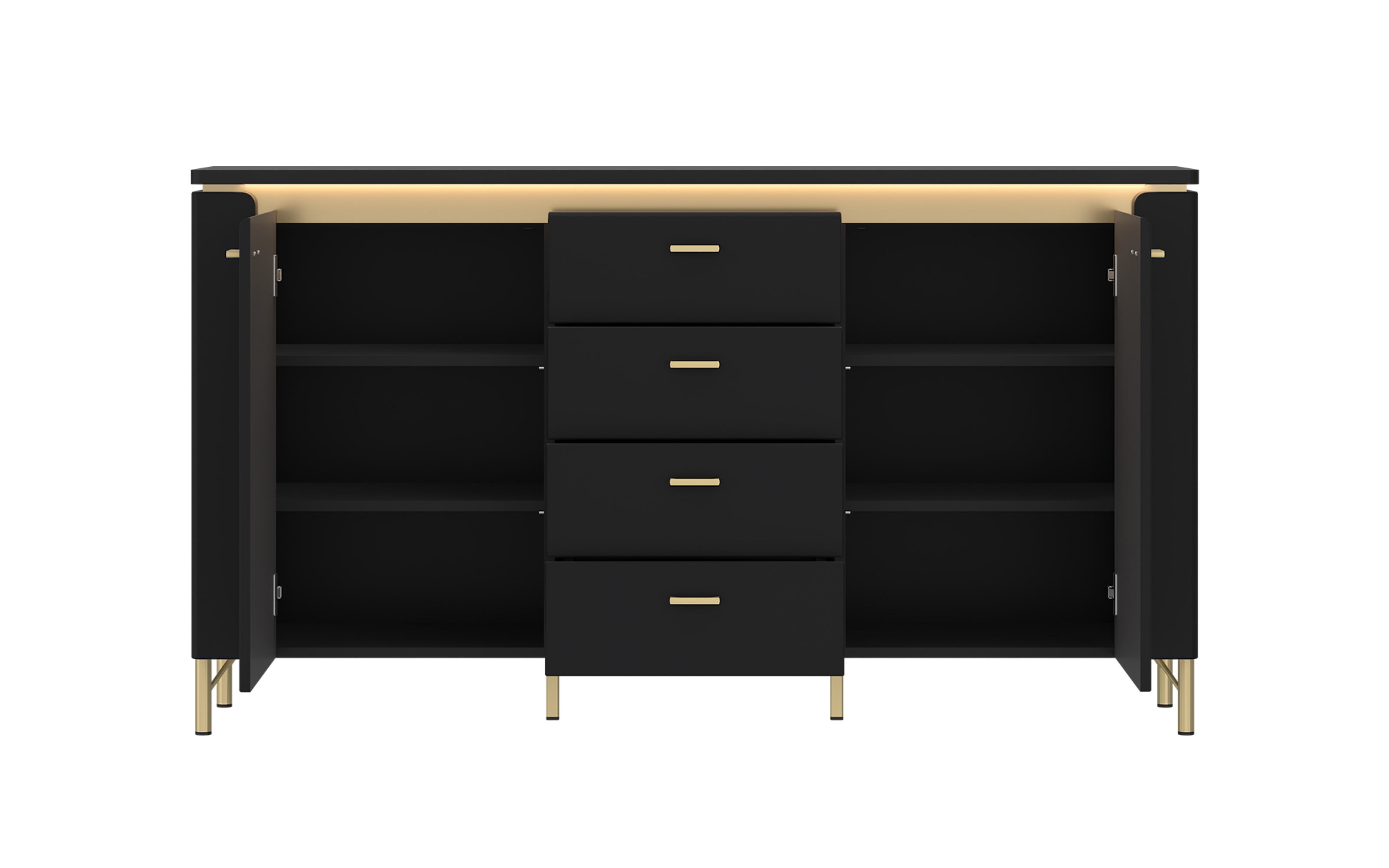 Sideboard Norica, schwarz/gold, inkl. Beleuchtung, Breite 155 cm