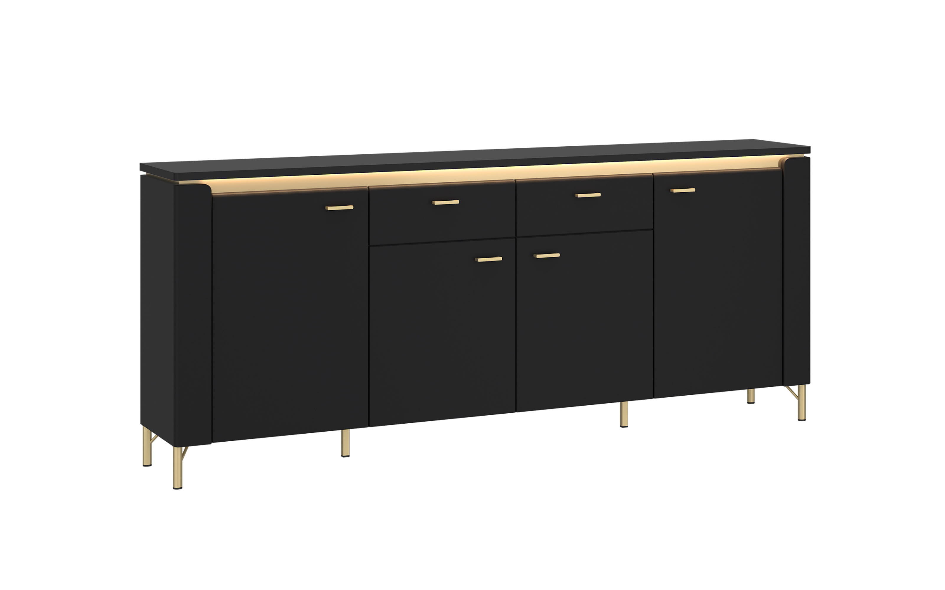 Sideboard Norica, schwarz/gold, inkl. Beleuchtung, Breite 200 cm