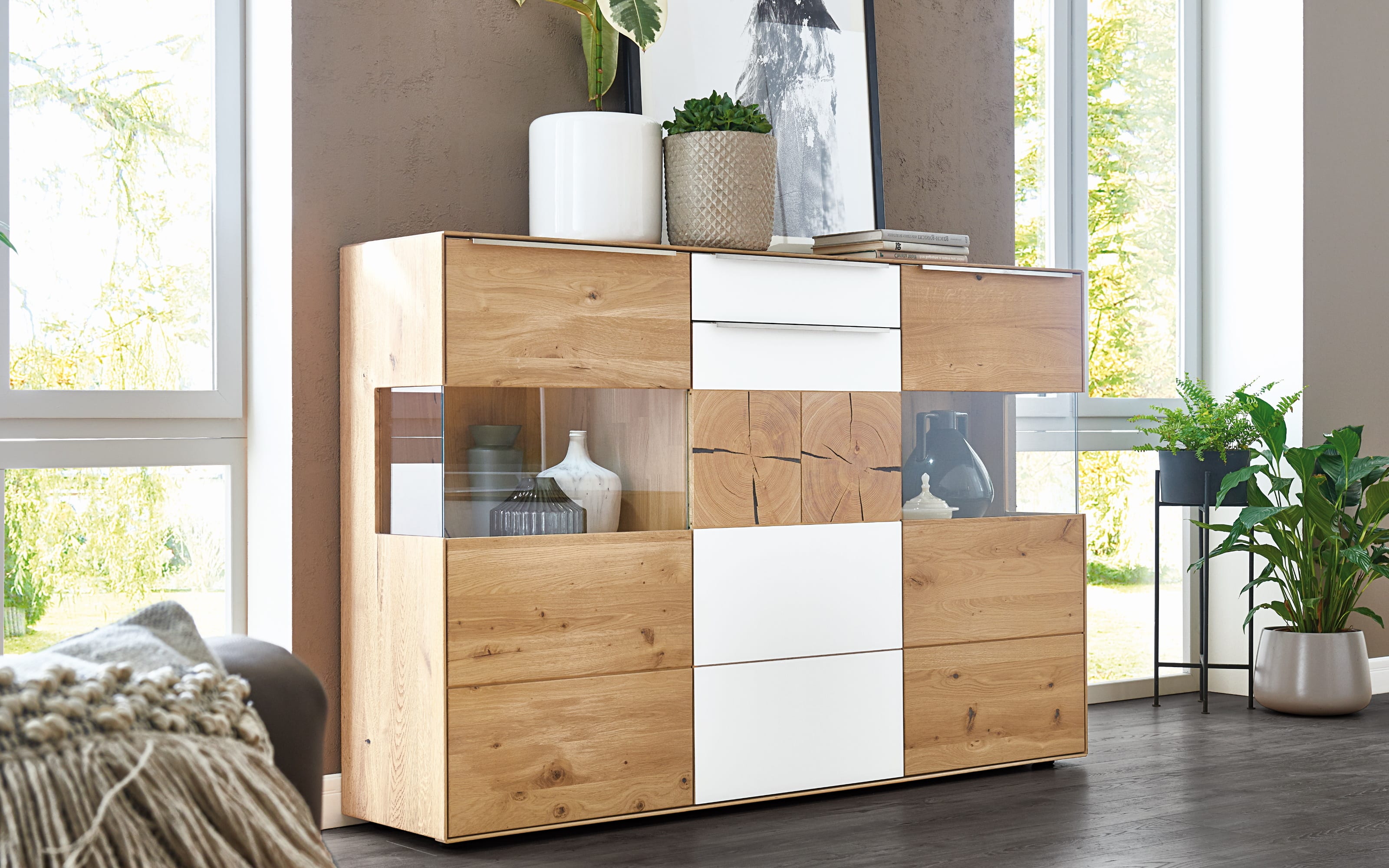 Highboard Talvera, Asteiche massiv, bianco geölt