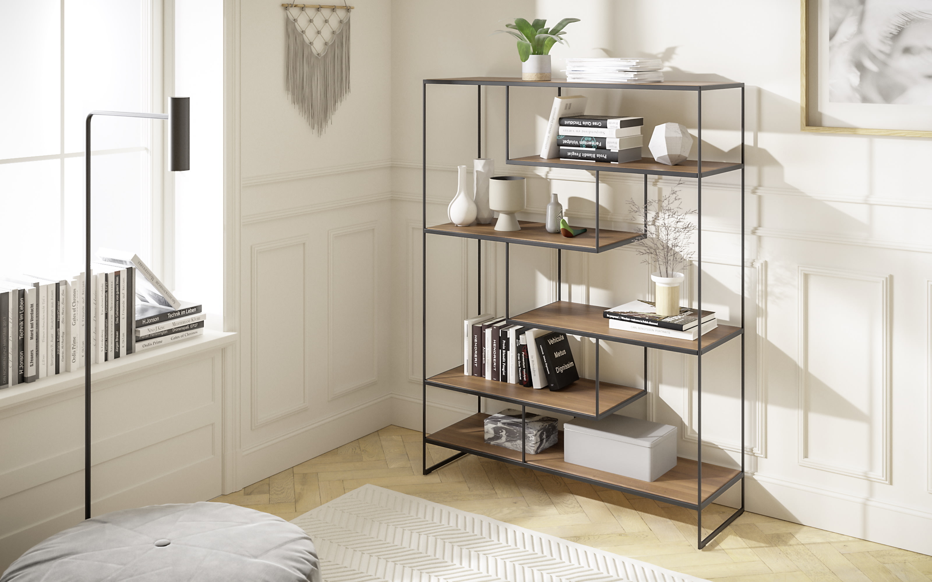 Raumteiler Toscana, Nussbaum furnier, Metallgestell anthrazit