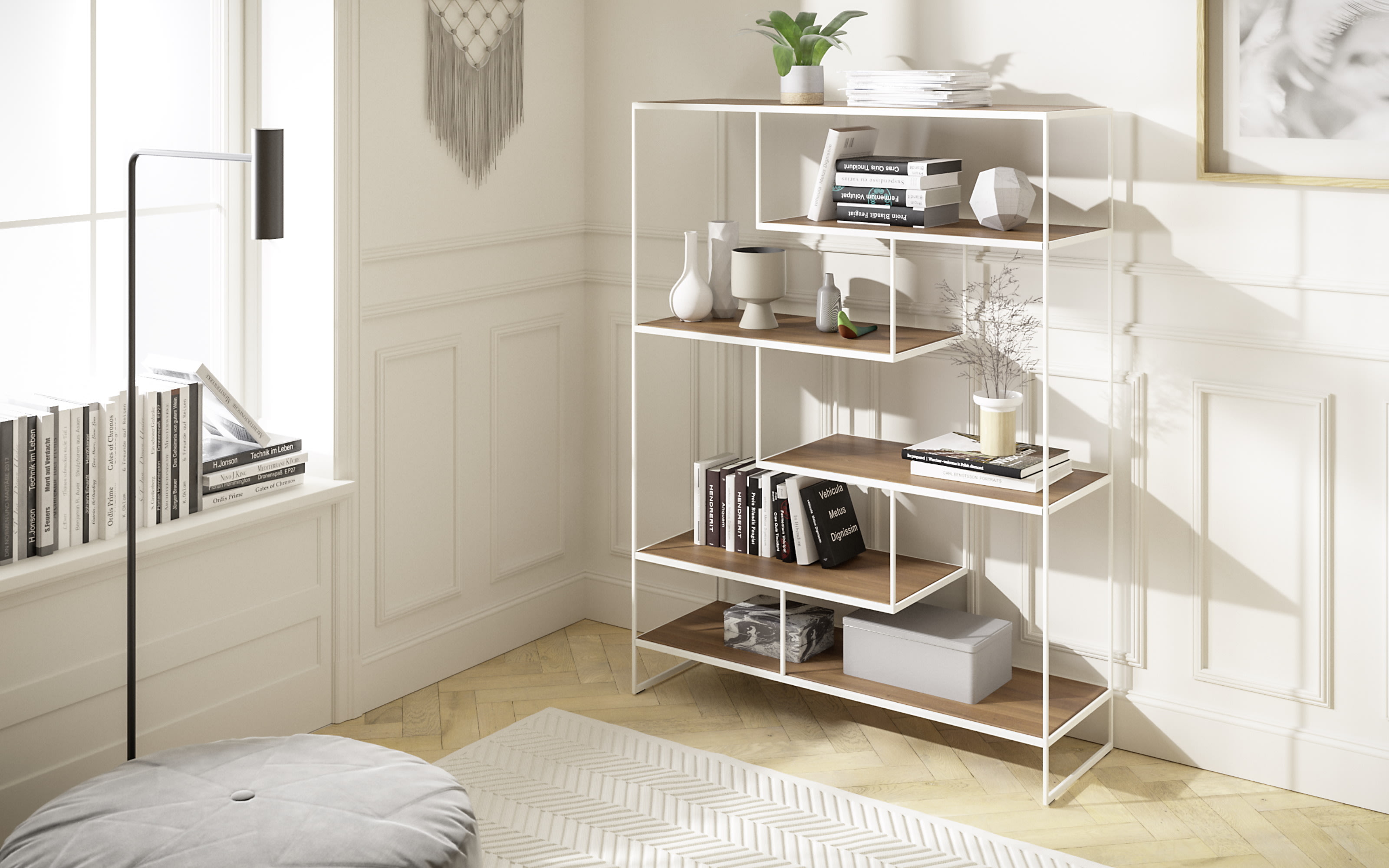 Raumteiler Toscana, Nussbaum furnier, Metallgestell weiß
