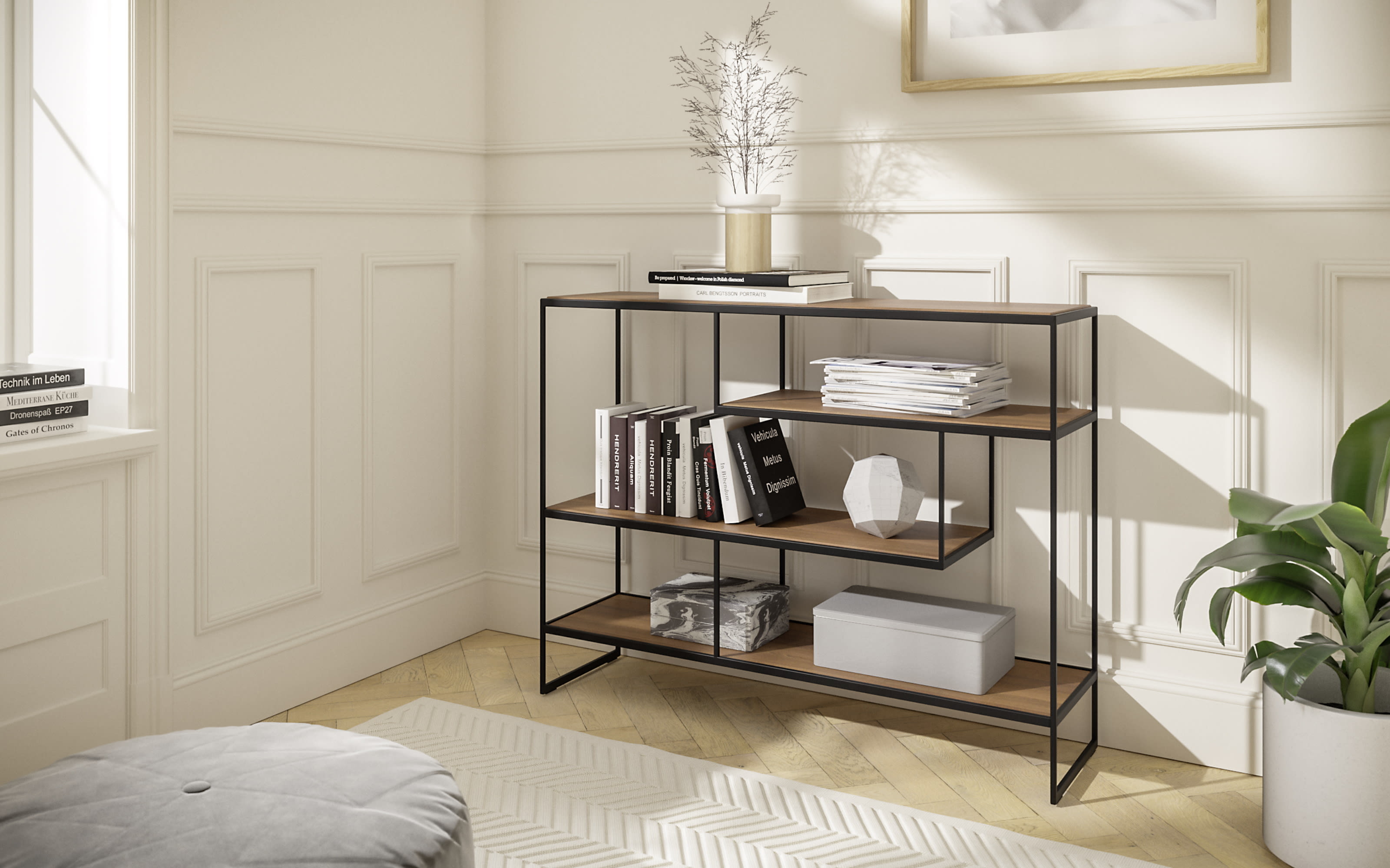 Regal Toscana, Nussbaum, Metallgestell schwarz