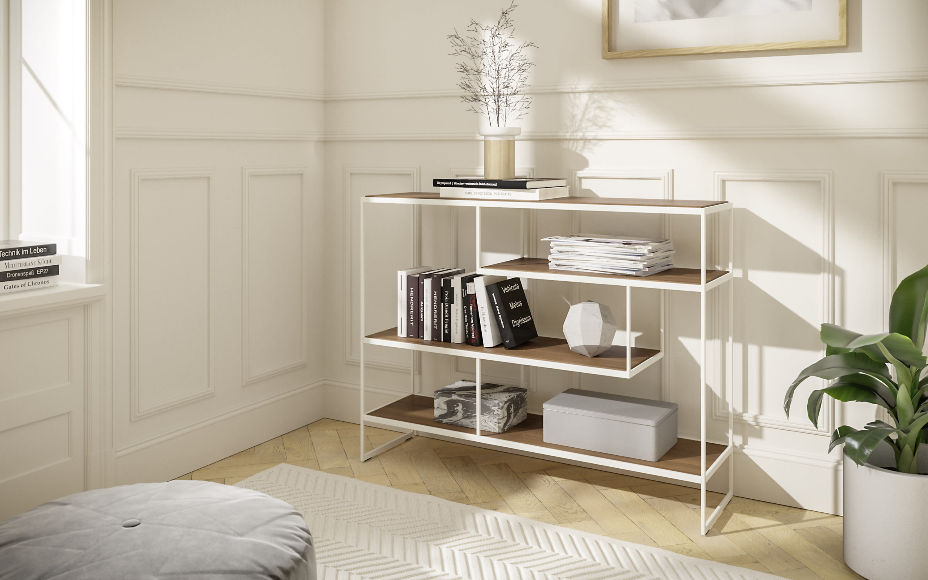 Regal Toscana, Nussbaum, Metallgestell reinweiß