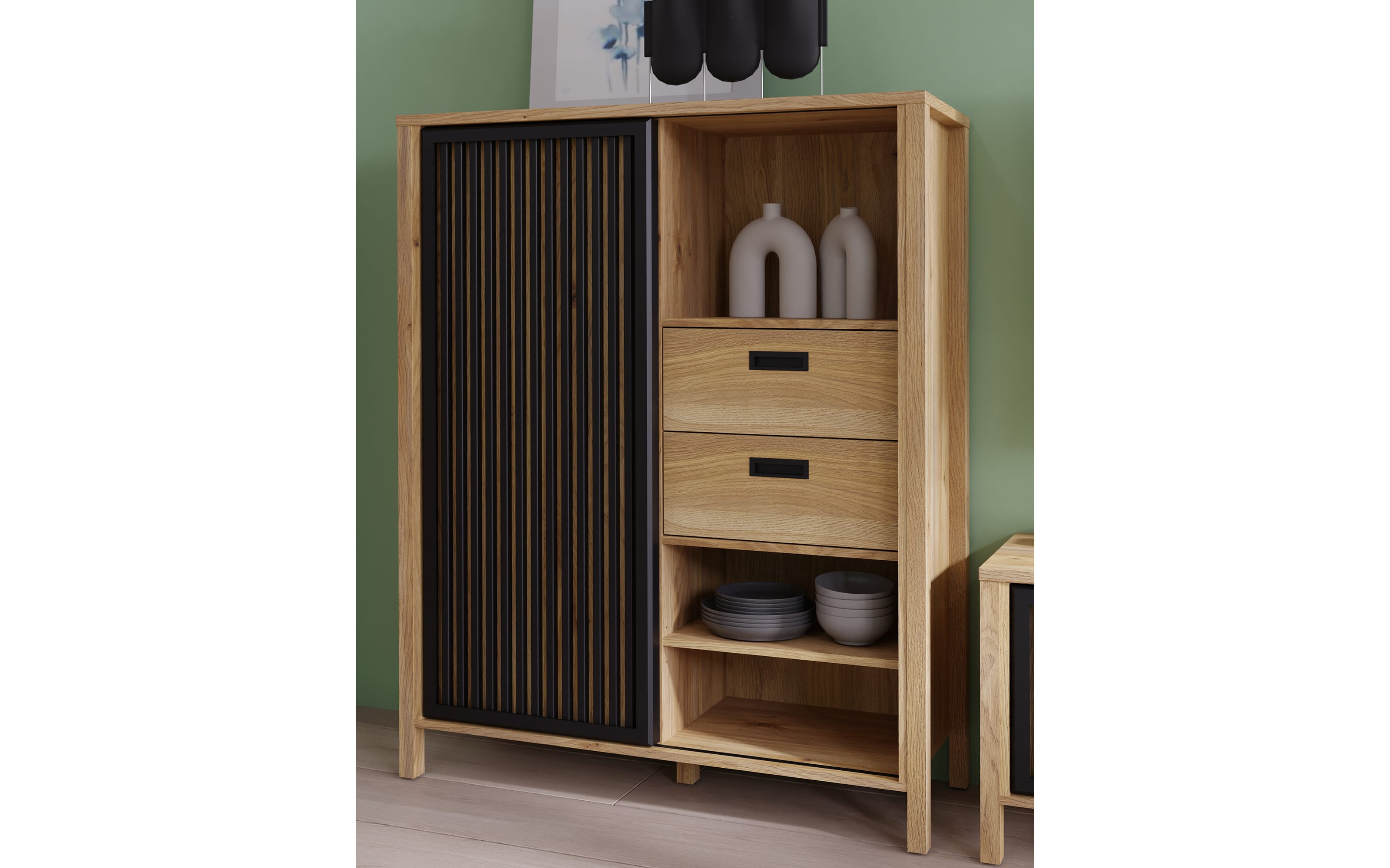Highboard Jytana, Mauvelle Eiche-Nachbildung/schwarz