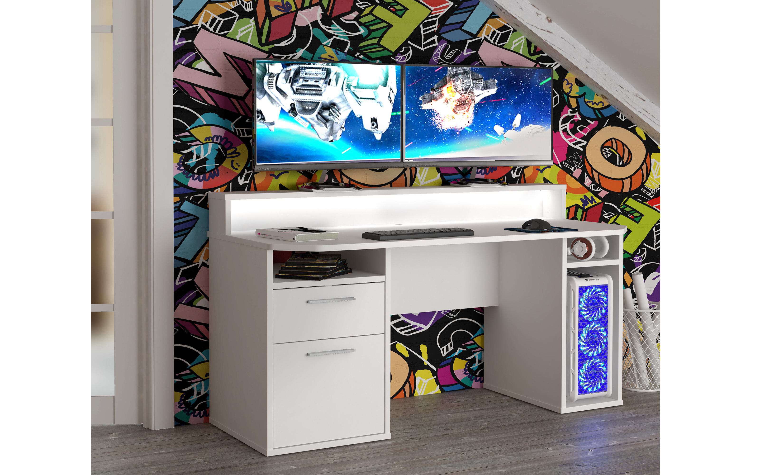 Schreibtisch Tezaur, weiß, inkl. Beleuchtung 