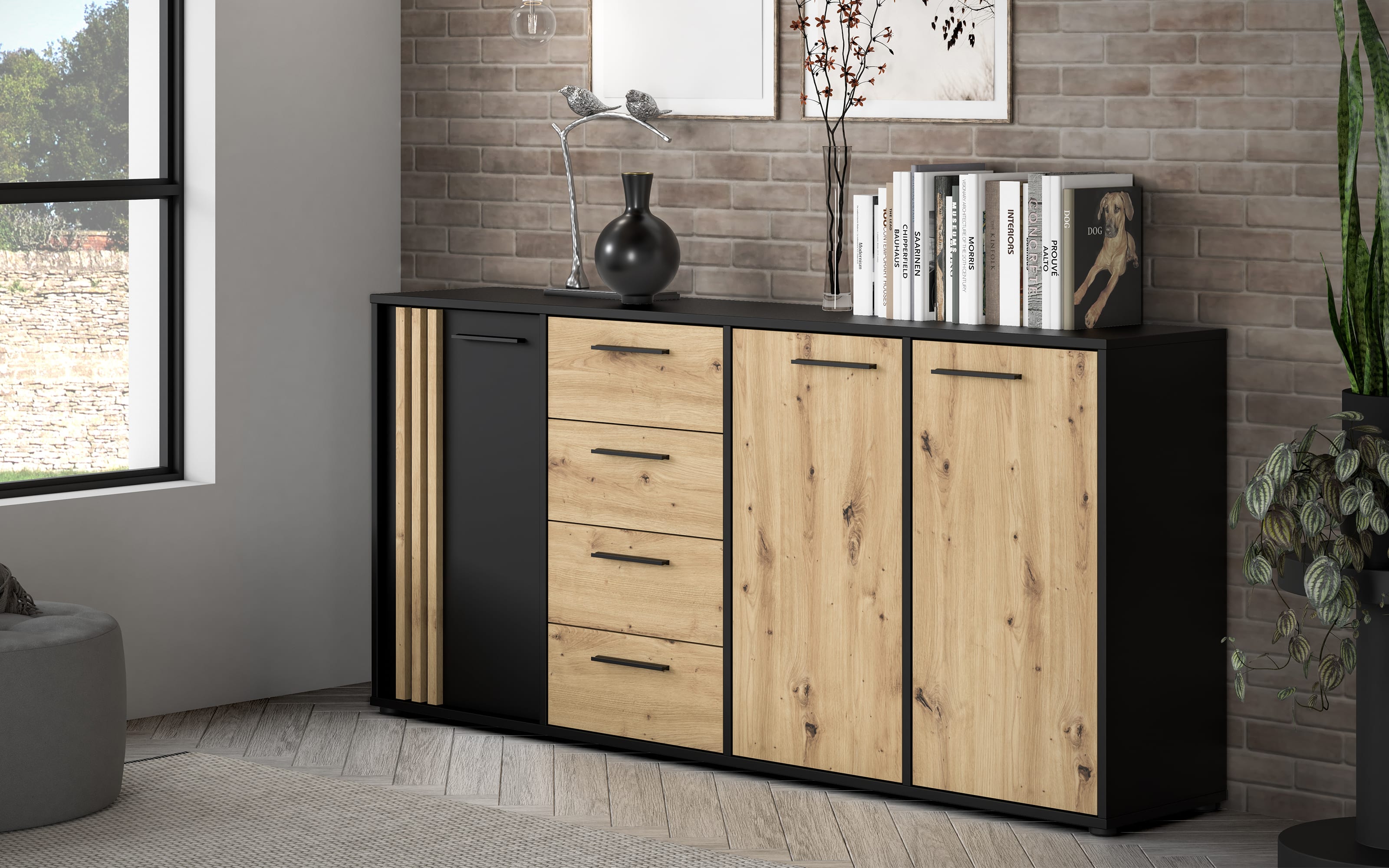 Sideboard Cardigan, schwarz/Artisan Eiche-Nachbildung