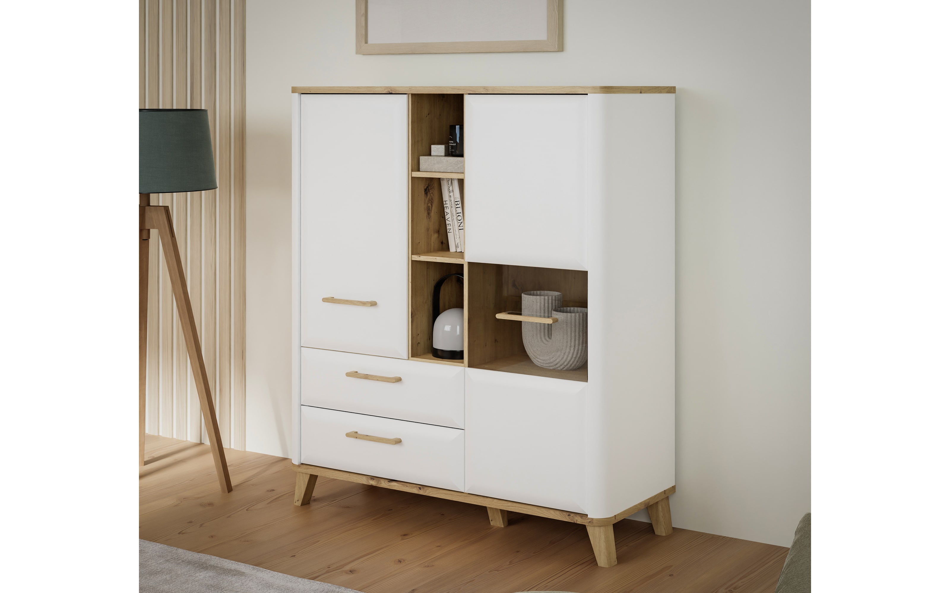 Highboardvitrine Wardiol, Artisan Eiche-Nachbildung/weiß