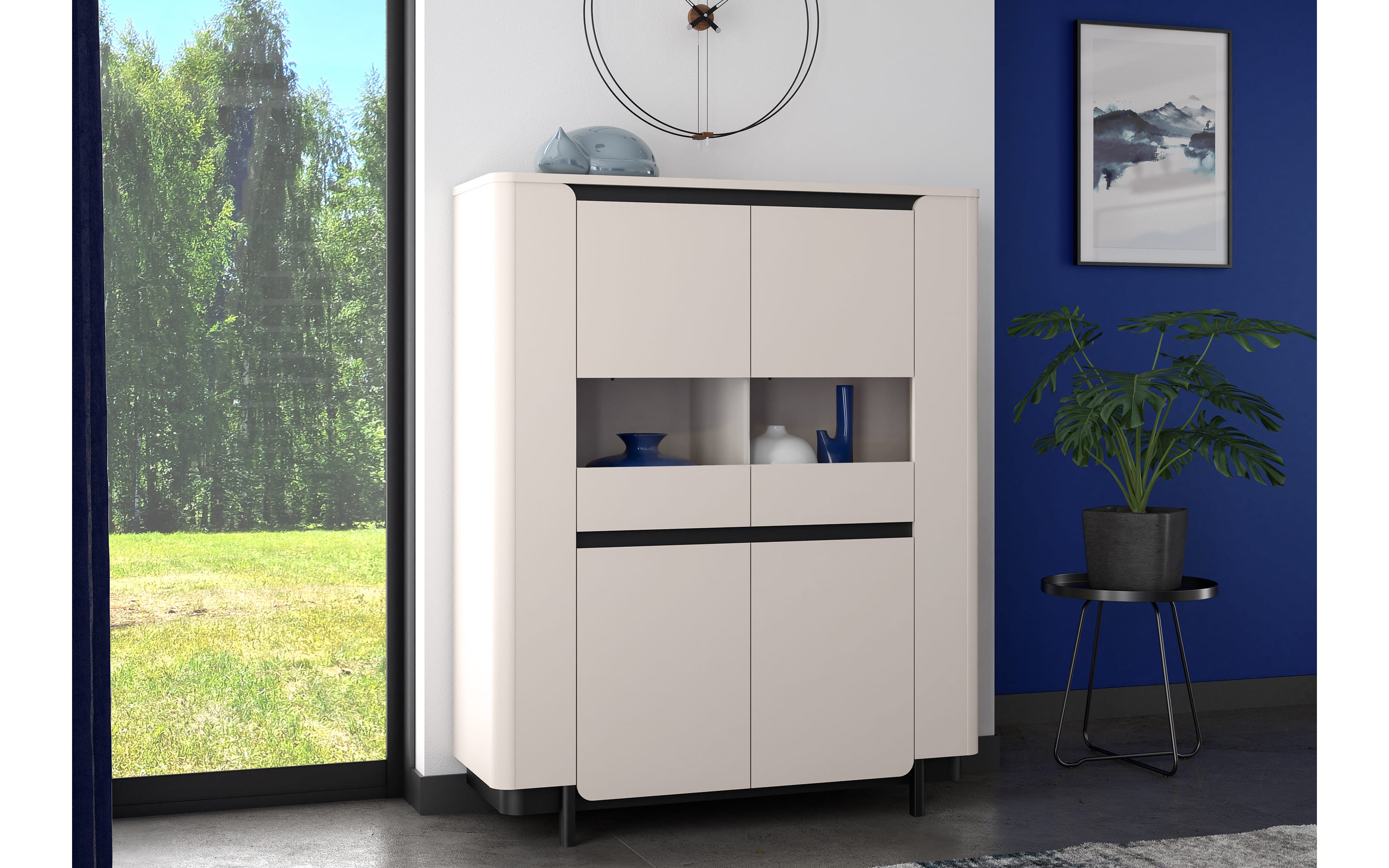 Vitrine Vodol, sandfarbig/schwarz, 130,3 cm