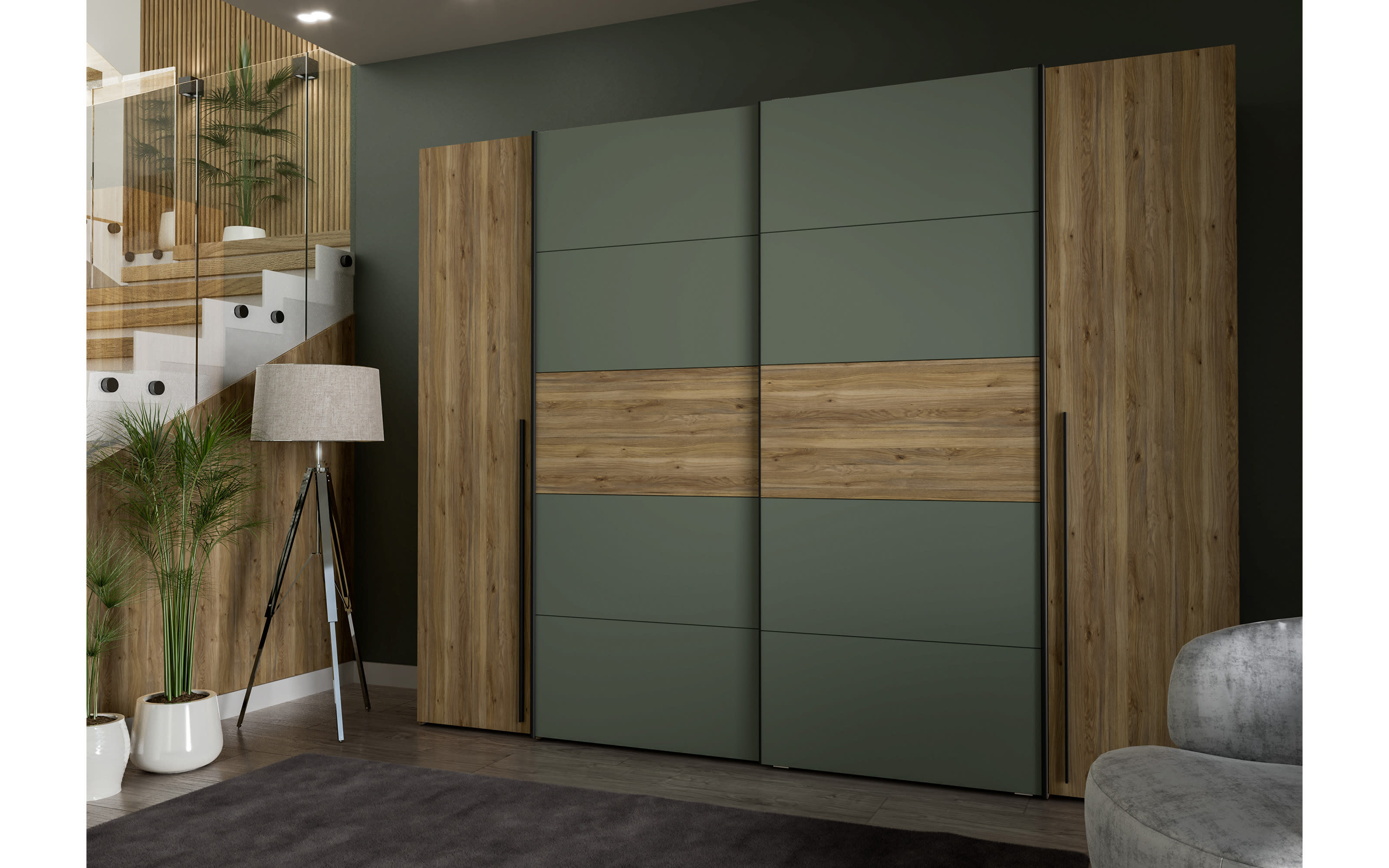 Kleiderschrank Narago, Mauvelle Eiche-Nachbildung/salbeifarbig, 270,3 x 210,5 cm