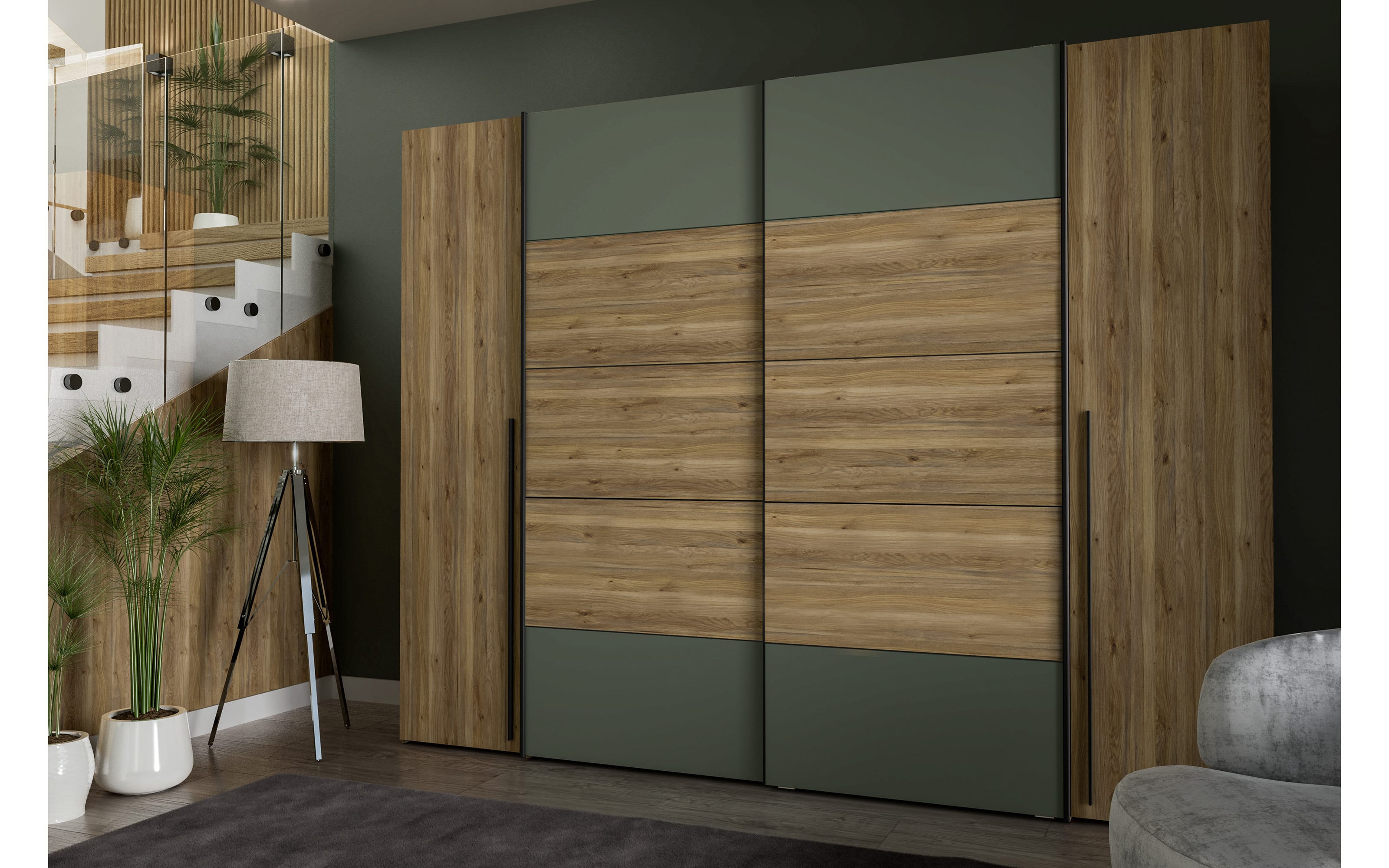 Kleiderschrank Narago, Mauvelle Eiche-Nachbildung/salbeifarbig, 270,3 x 210,5 cm
