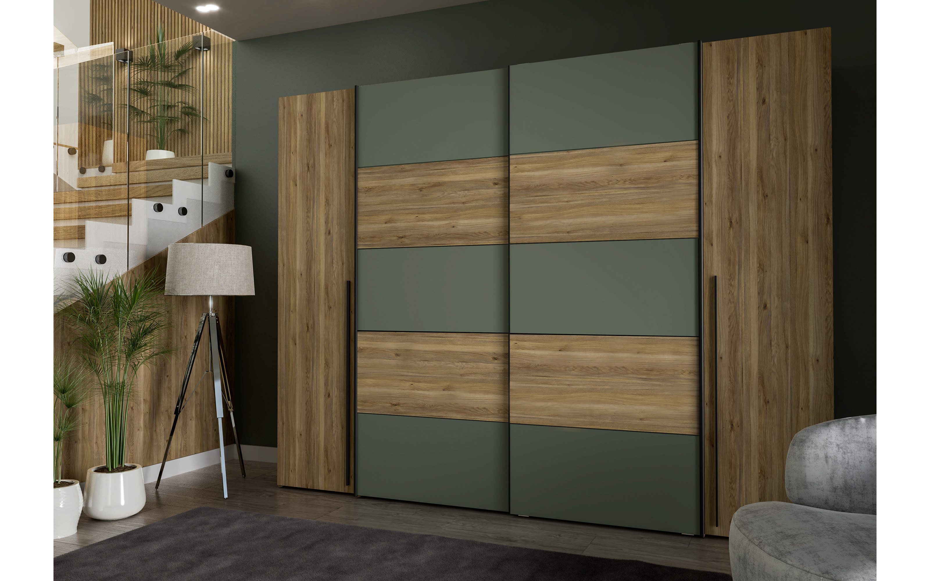 Kleiderschrank Narago, Mauvelle Eiche-Nachbildung/salbeifarbig, 270,3 x 210,5 cm