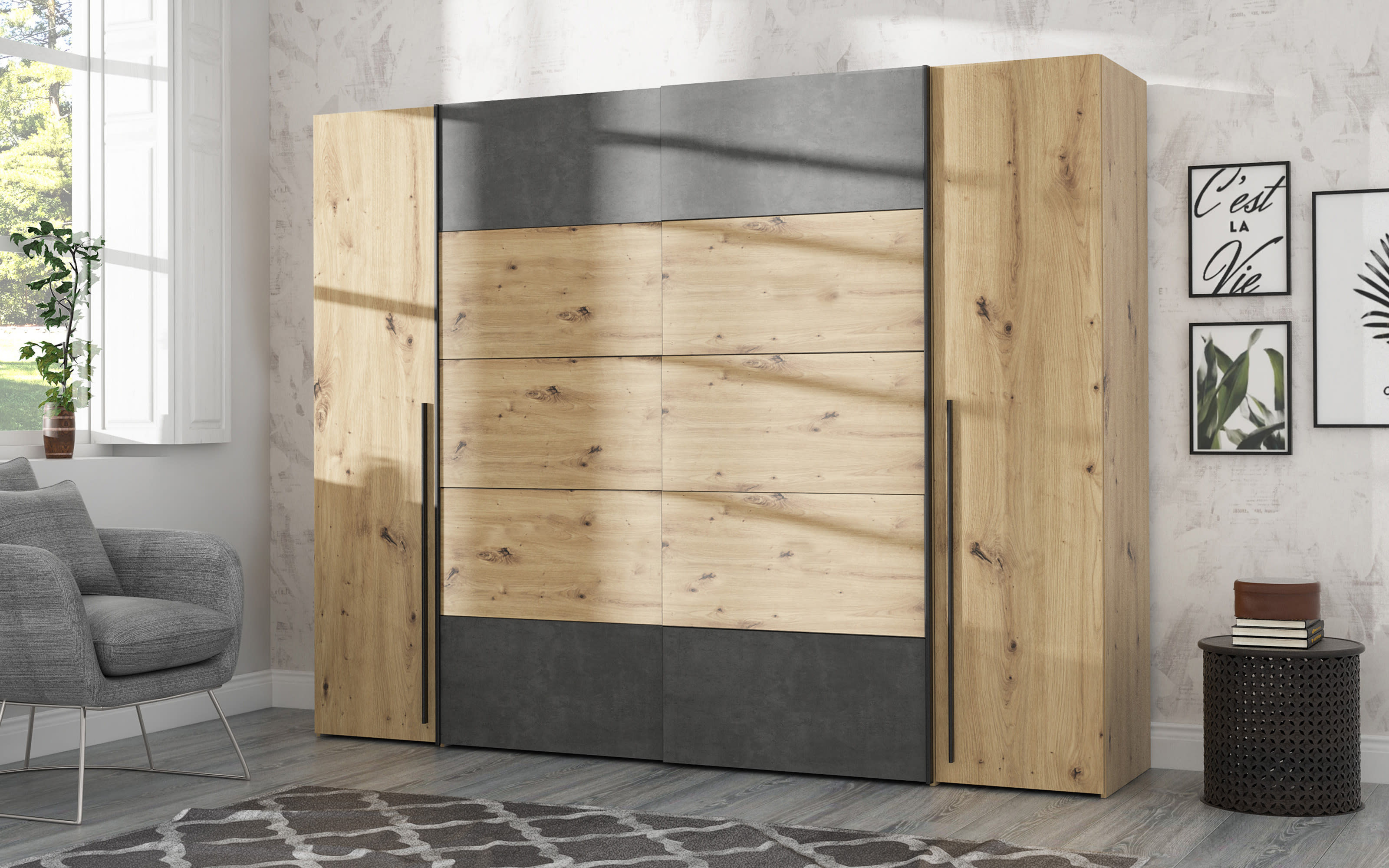 Kleiderschrank Narago, Artisan Eiche-Nachbildung/dunkelgrau, 270,3 x 210,5 cm