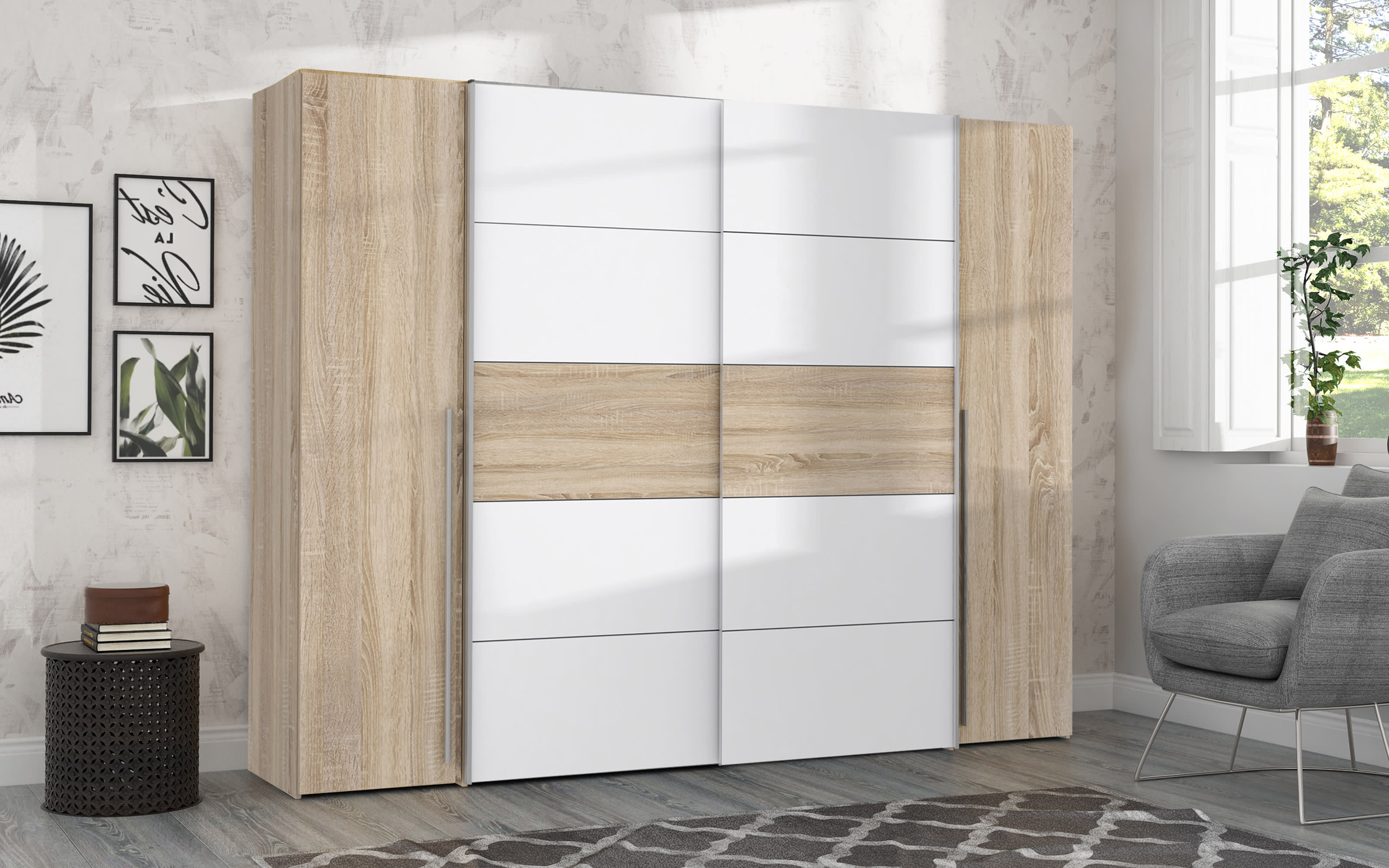 Kleiderschrank Narago, Sonoma Eiche-Nachbildung/weiß, 270,3 x 210,5 cm