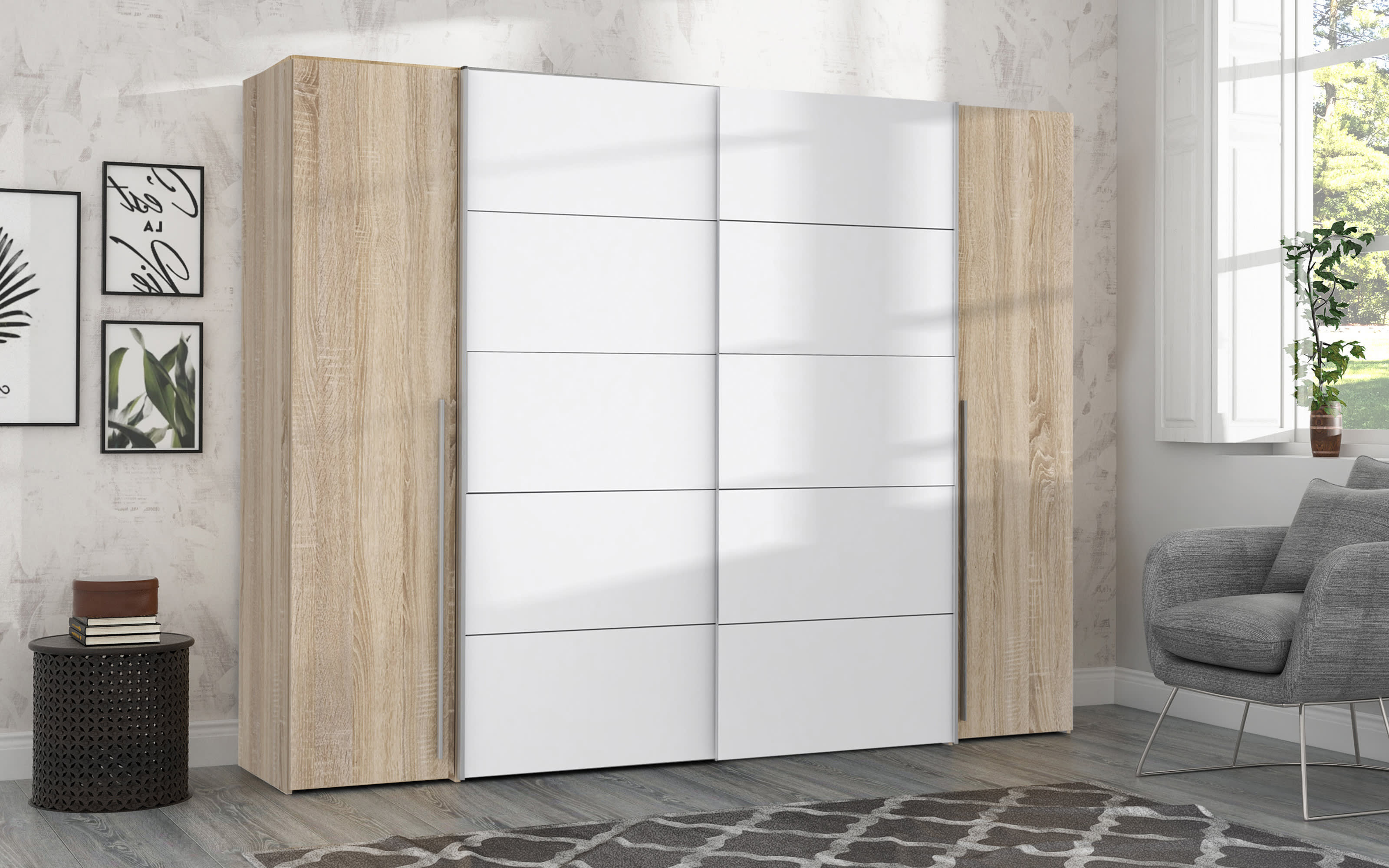 Kleiderschrank Narago, Sonoma Eiche-Nachbildung/weiß, 270,3 x 210,5 cm