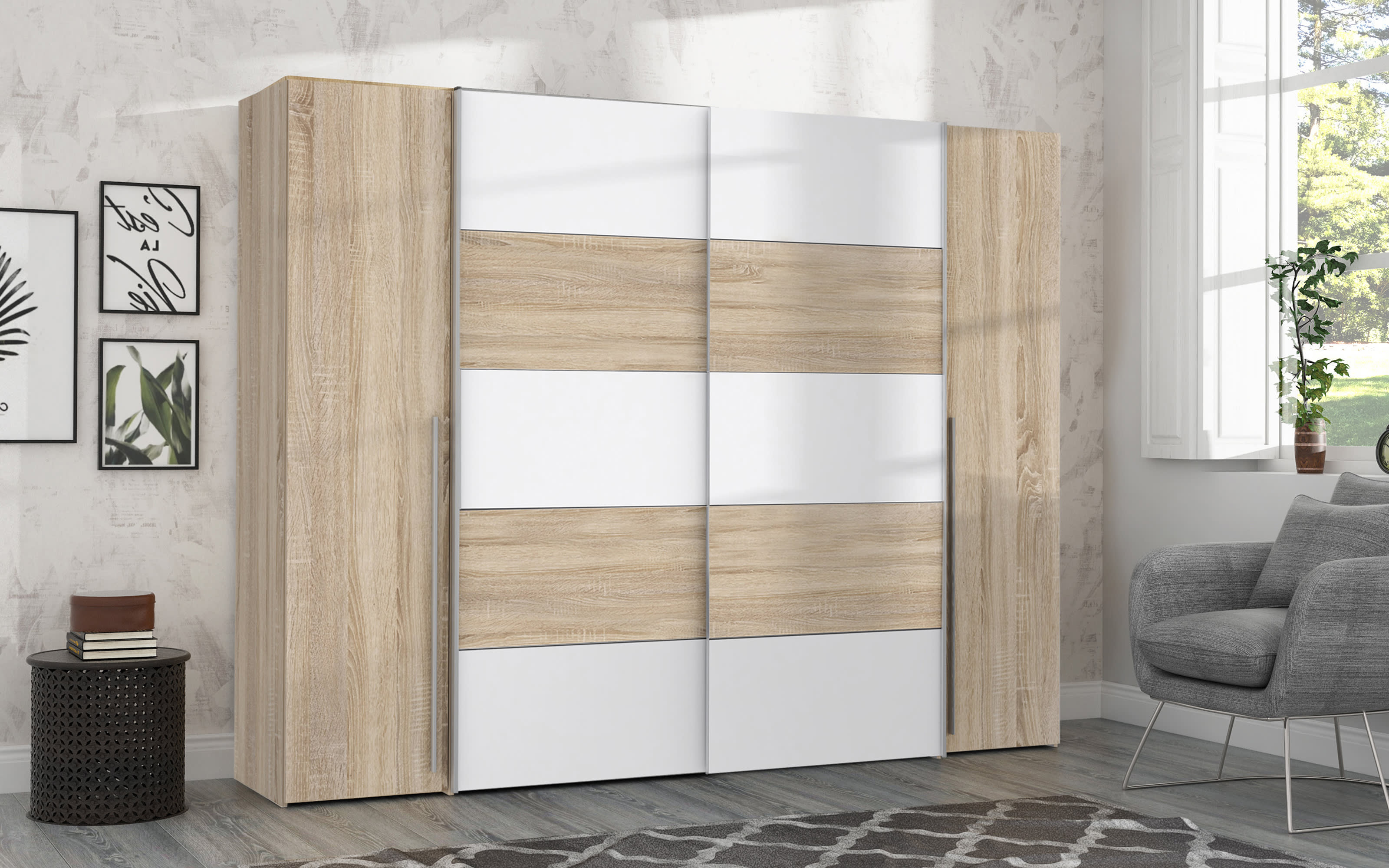 Kleiderschrank Narago, Sonoma Eiche-Nachbildung/weiß, 270,3 x 210,5 cm