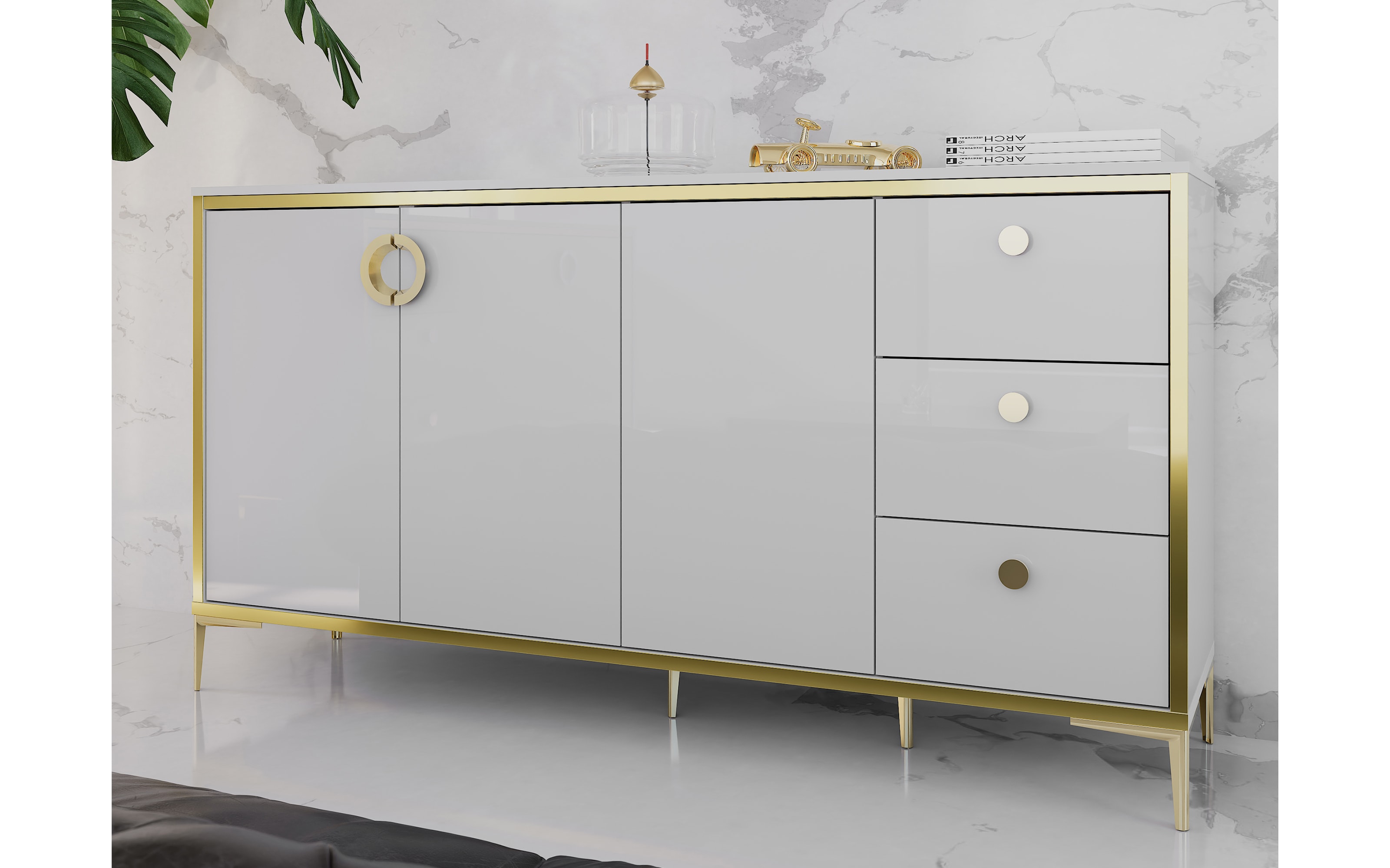 Kommode Golden 2, weiß/goldfarbig, 163,9 cm