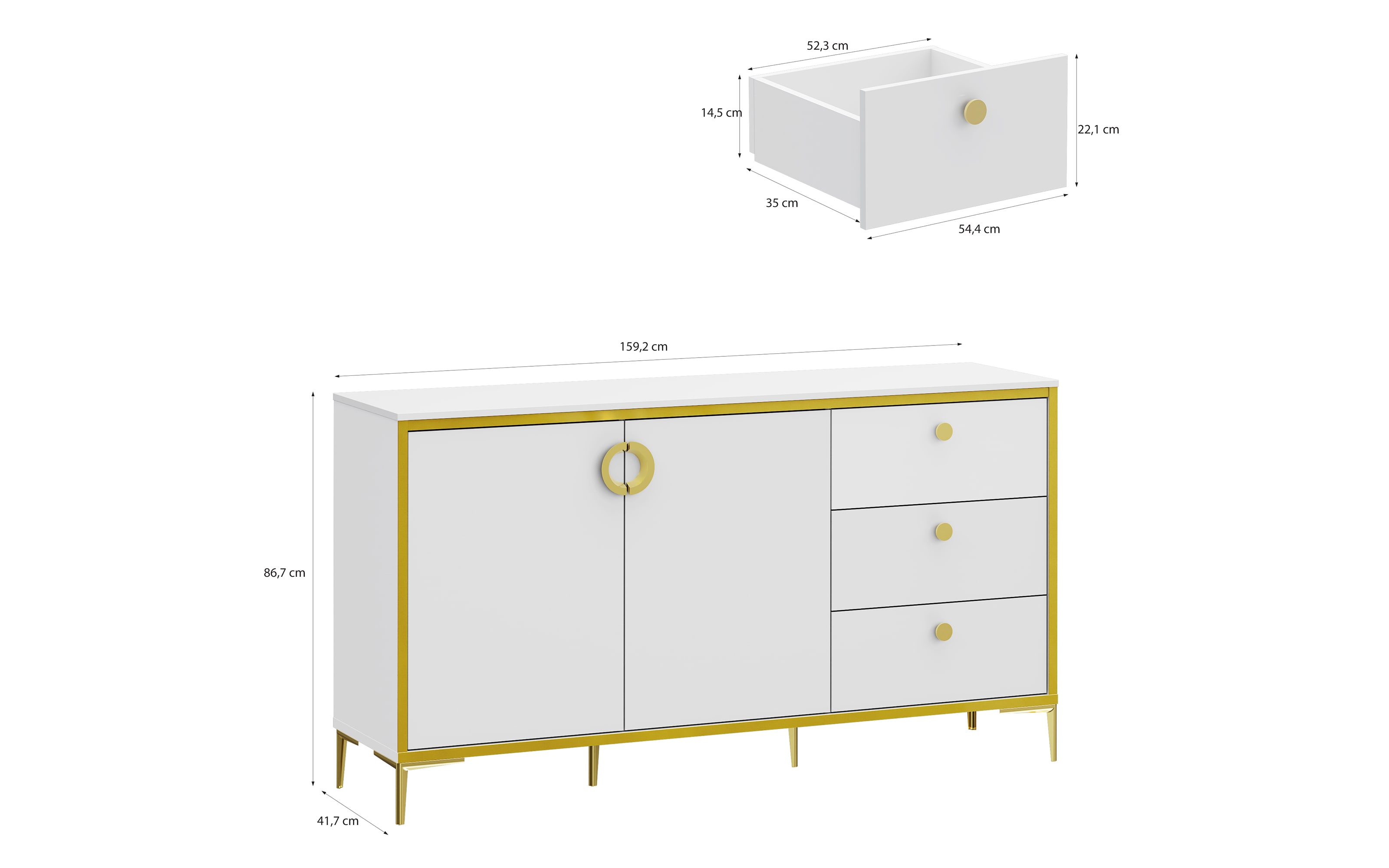 Kommode Golden 2, weiß/goldfarbig, 159,2 cm