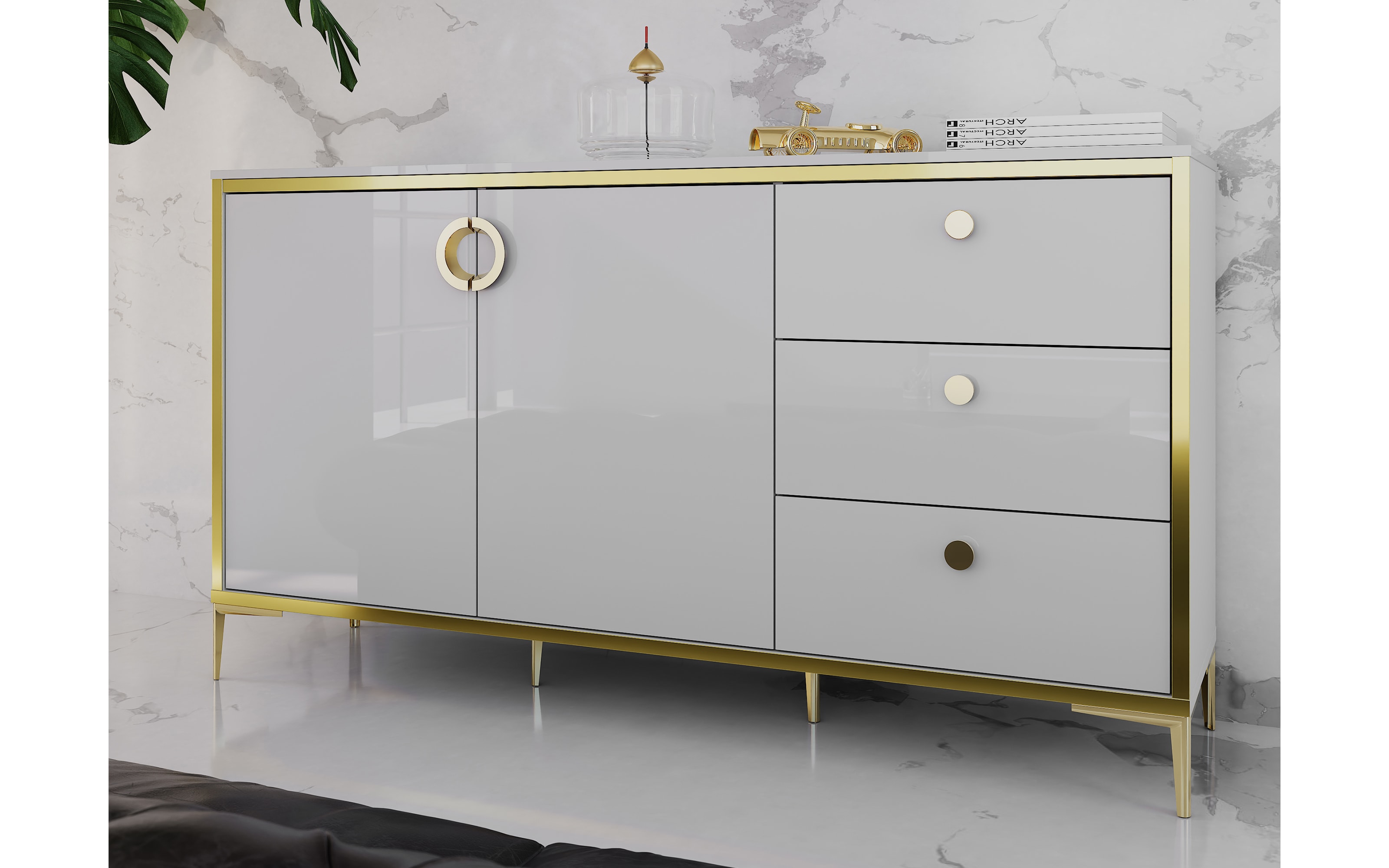 Kommode Golden 2, weiß/goldfarbig, 159,2 cm