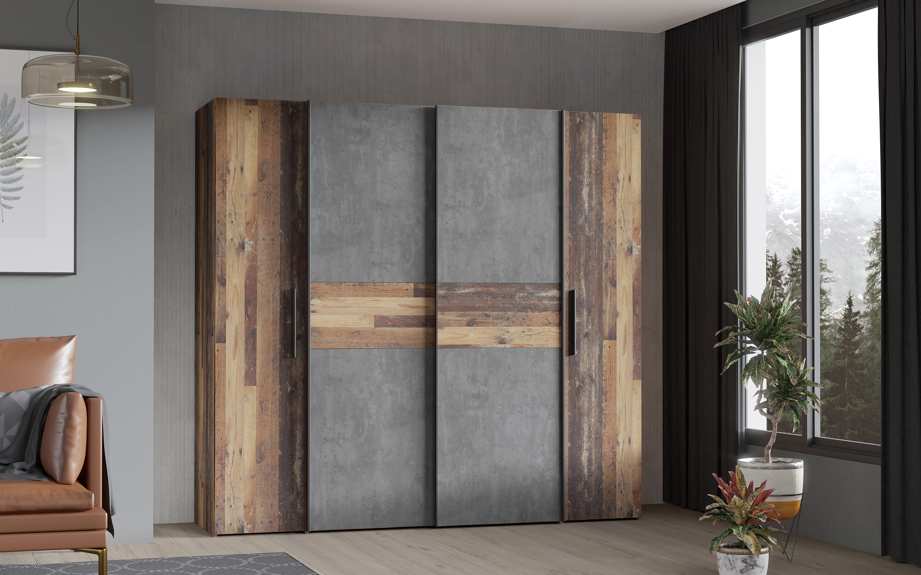 Kleiderschrank Kalixtus, Old Wood-Nachbildung/Beton-Nachbildung, 200 x 190,5 cm