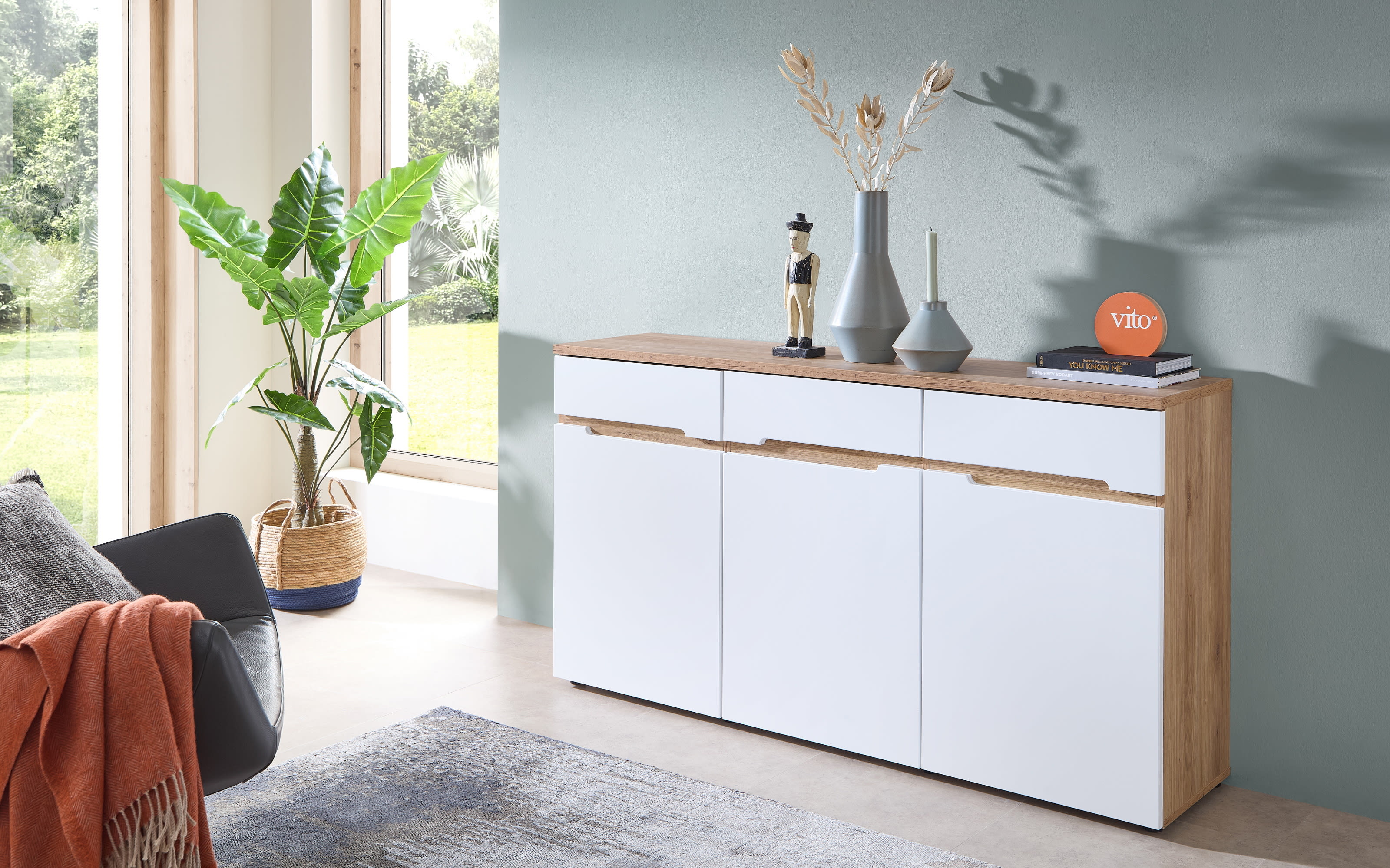 Kommode Clyde, Eiche-Nachbildung/weiß, 150 cm