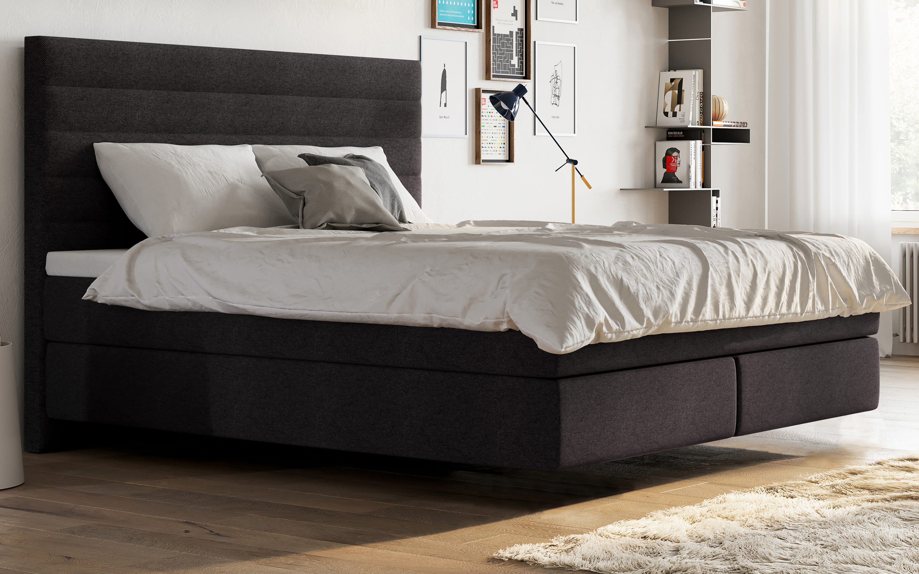 Boxspringbett Linea, anthrazit, 200 x 200 cm, Härtegrad 2, mit Tonnentaschenfederkern und Geltex-Topper