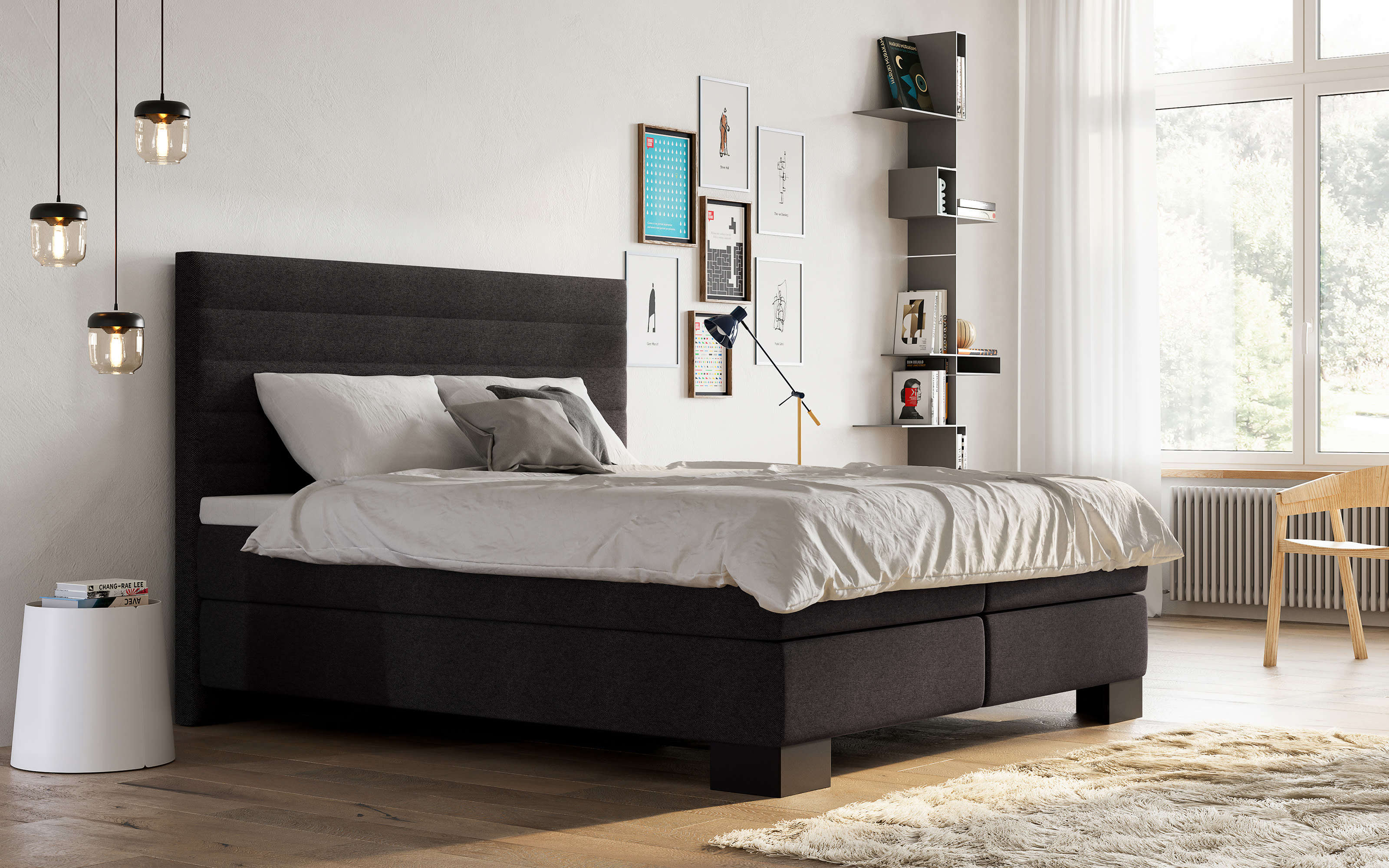 Boxspringbett Linea, anthrazit, 180 x 200 cm, Härtegrad 2 und 3, Kopfteilhöhe 113 cm