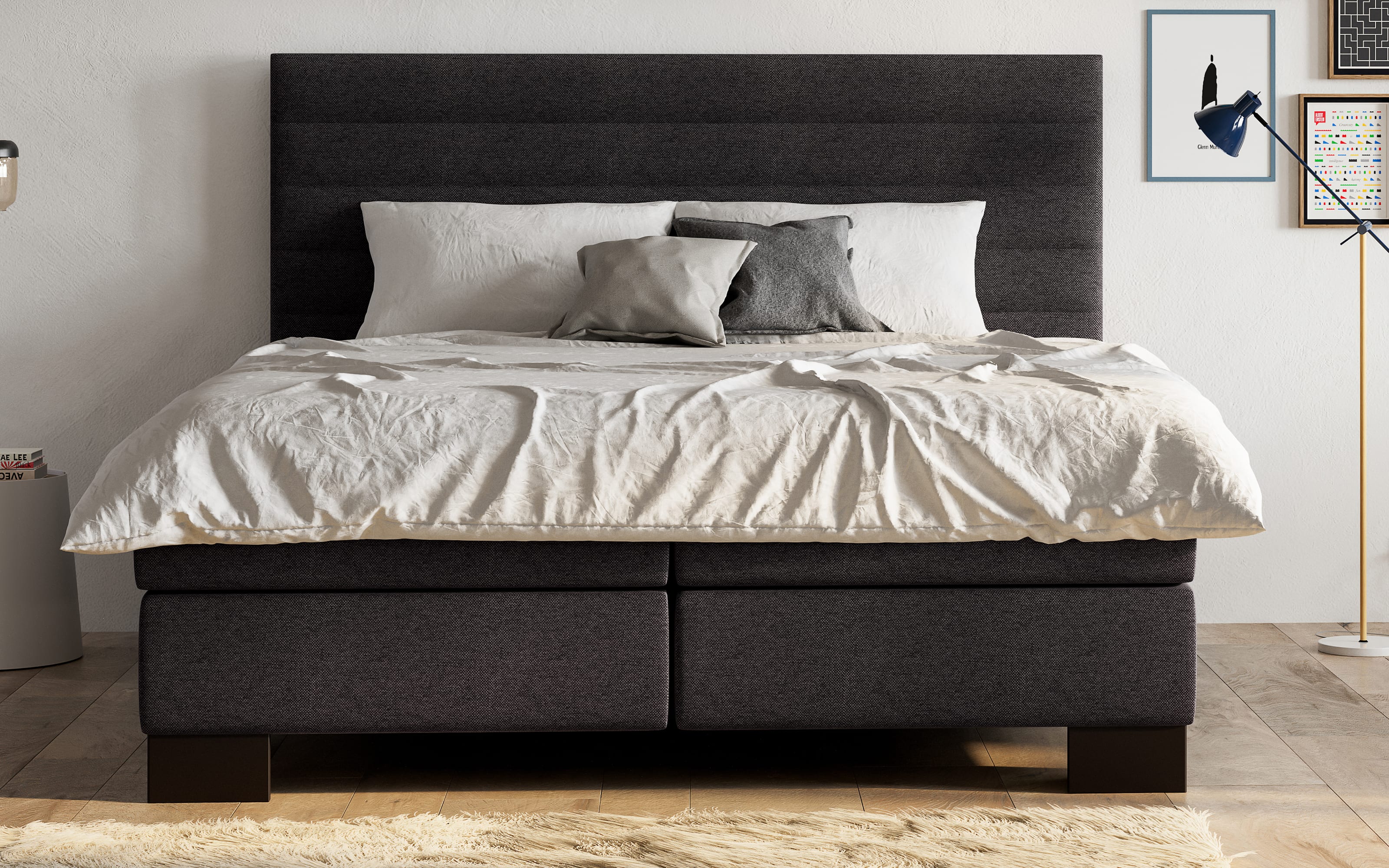 Boxspringbett Linea, anthrazit, 180 x 200 cm, Härtegrad 2 und 3, Kopfteilhöhe 113 cm